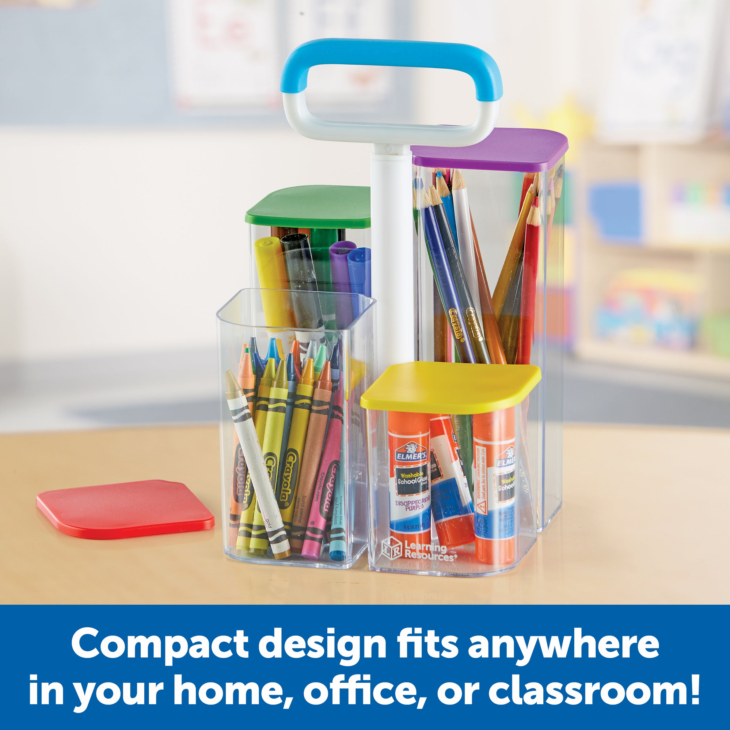 Learning Resources Create-a-Space See-Thru Storage Caddy, Portable Organiser with 4 Clear Bins and Colourful Lids, Ideal for Art Supplies, Classroom, or Kitchen Storage