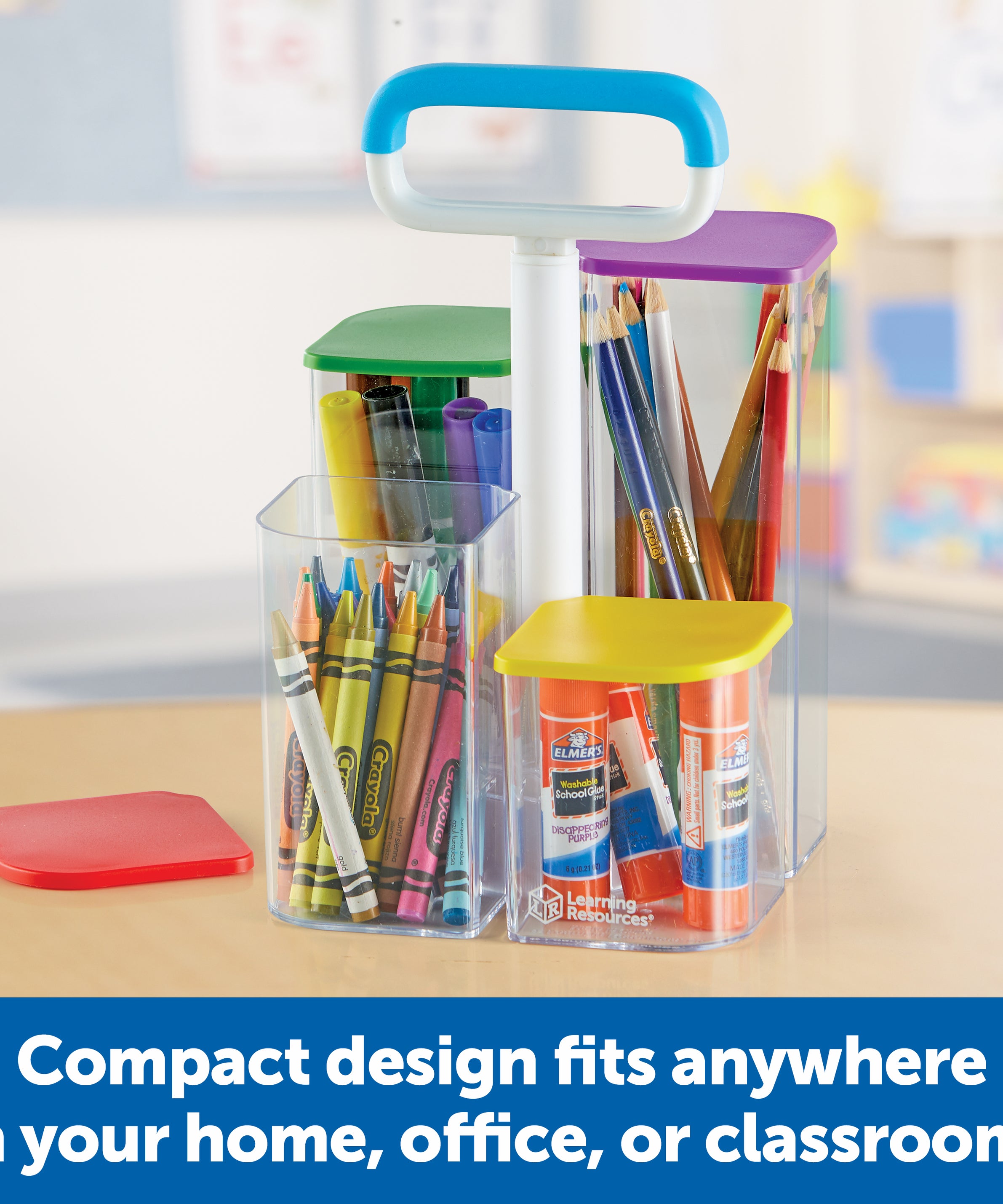 Learning Resources Create-a-Space See-Thru Storage Caddy, Portable Organiser with 4 Clear Bins and Colourful Lids, Ideal for Art Supplies, Classroom, or Kitchen Storage