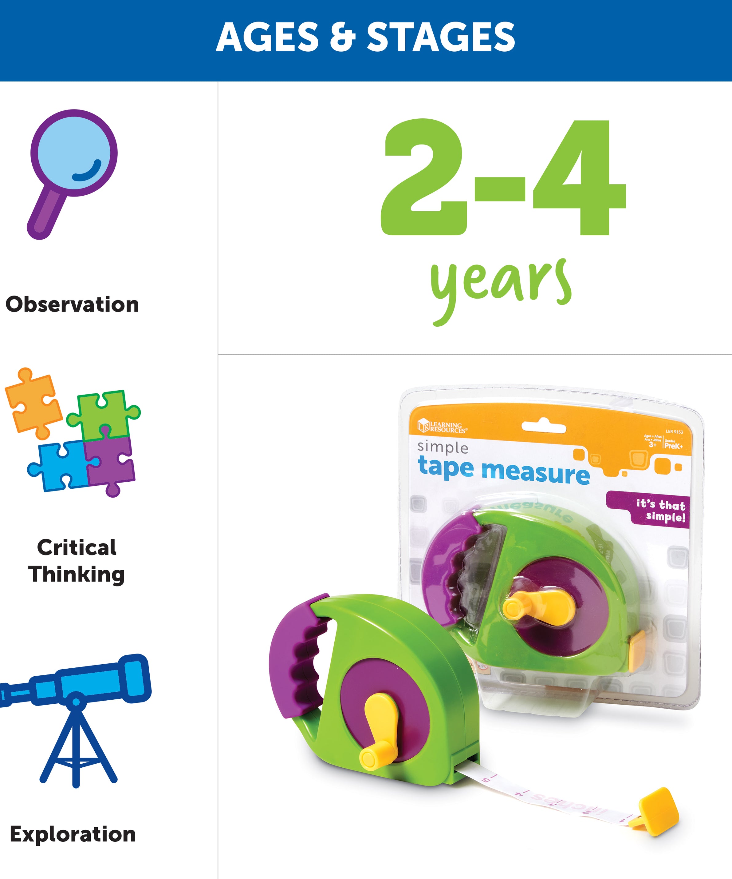 Learning Resources Simple Tape Measure, 1.2m / 4ft, Ages 3+, Easy-to-Use for Early Measurement Skills