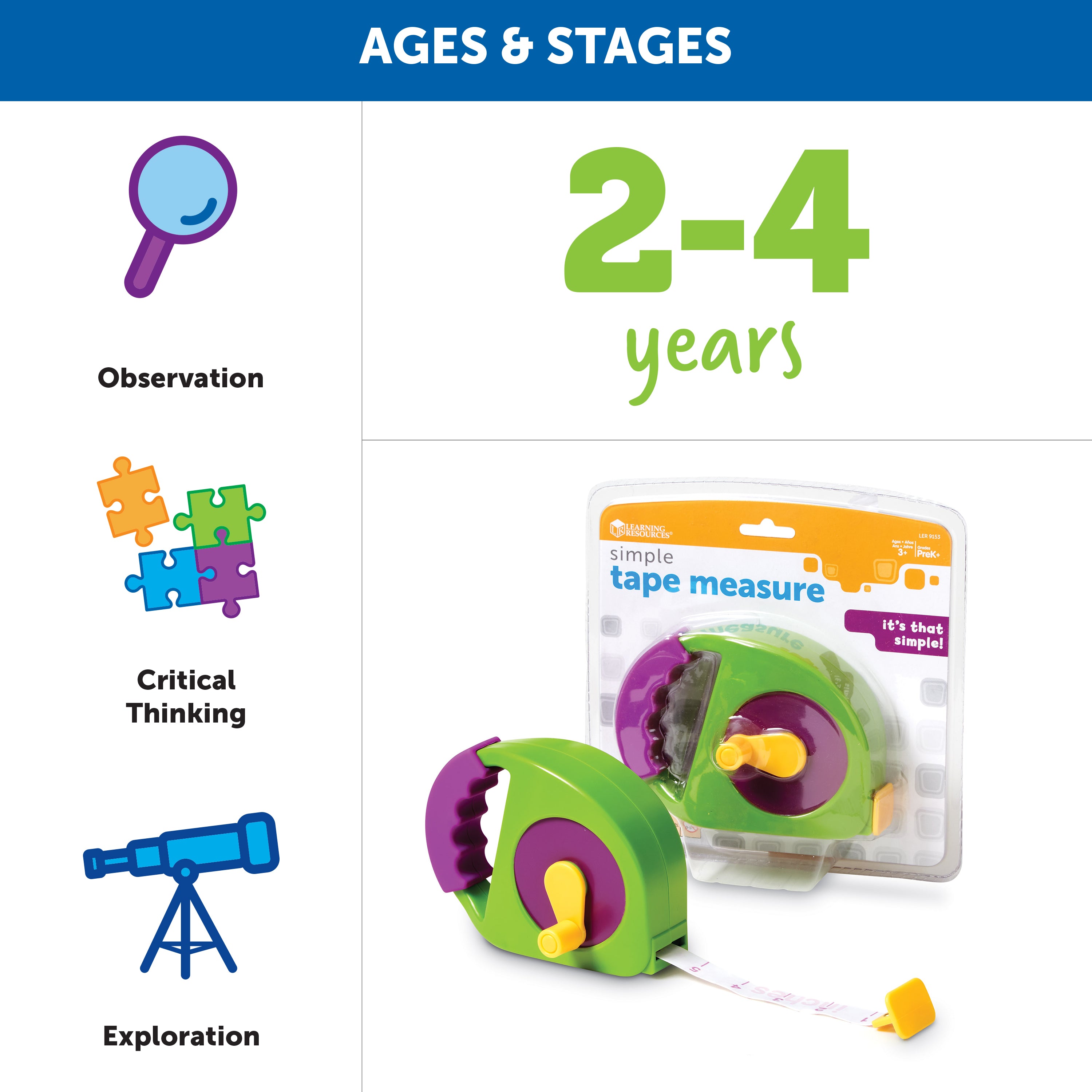 Learning Resources Simple Tape Measure, 1.2m / 4ft, Ages 3+, Easy-to-Use for Early Measurement Skills