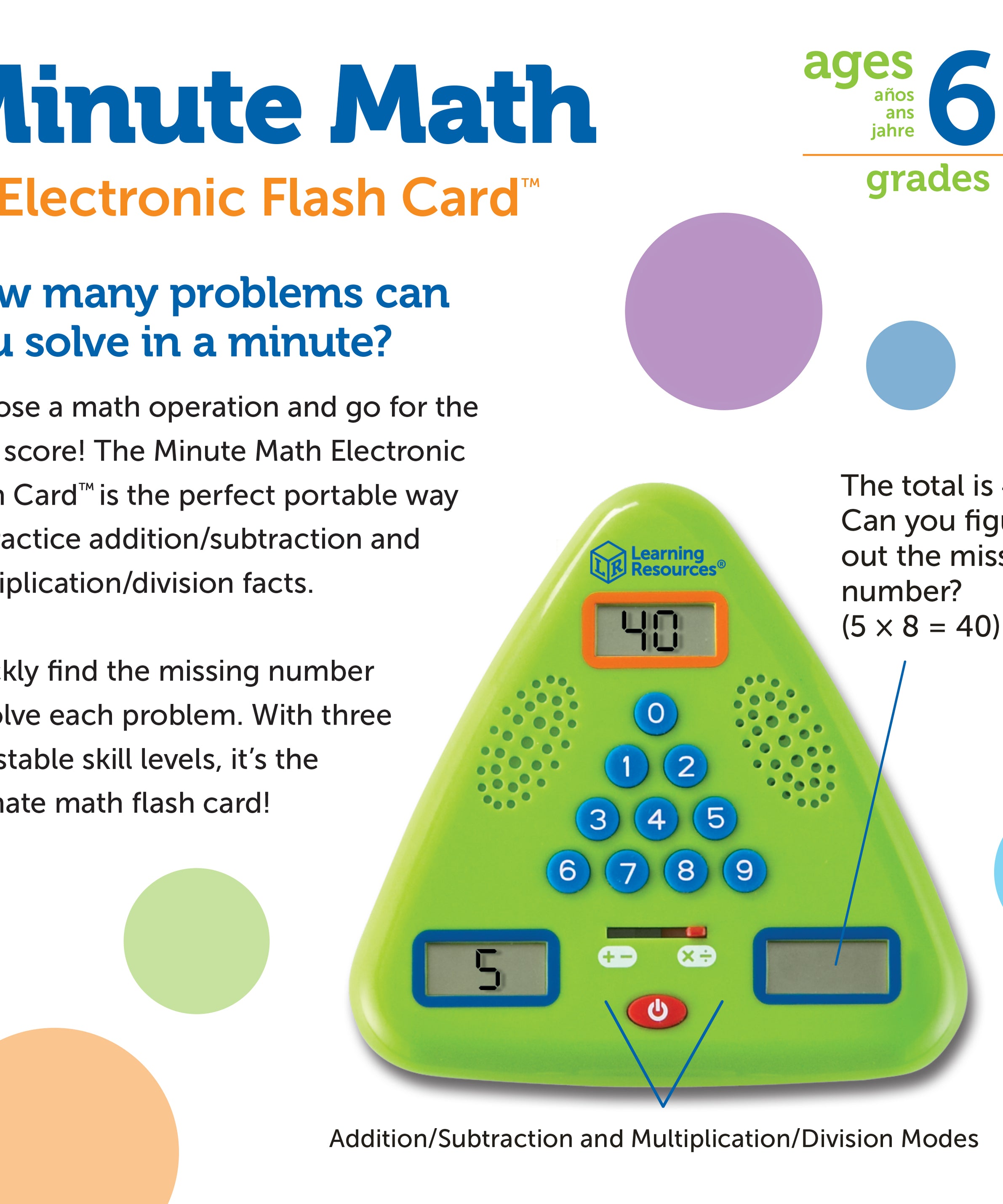 Learning Resources Handheld Minute Math Electronic Flash Card, Interactive Math Game for Kids, Ages 6+