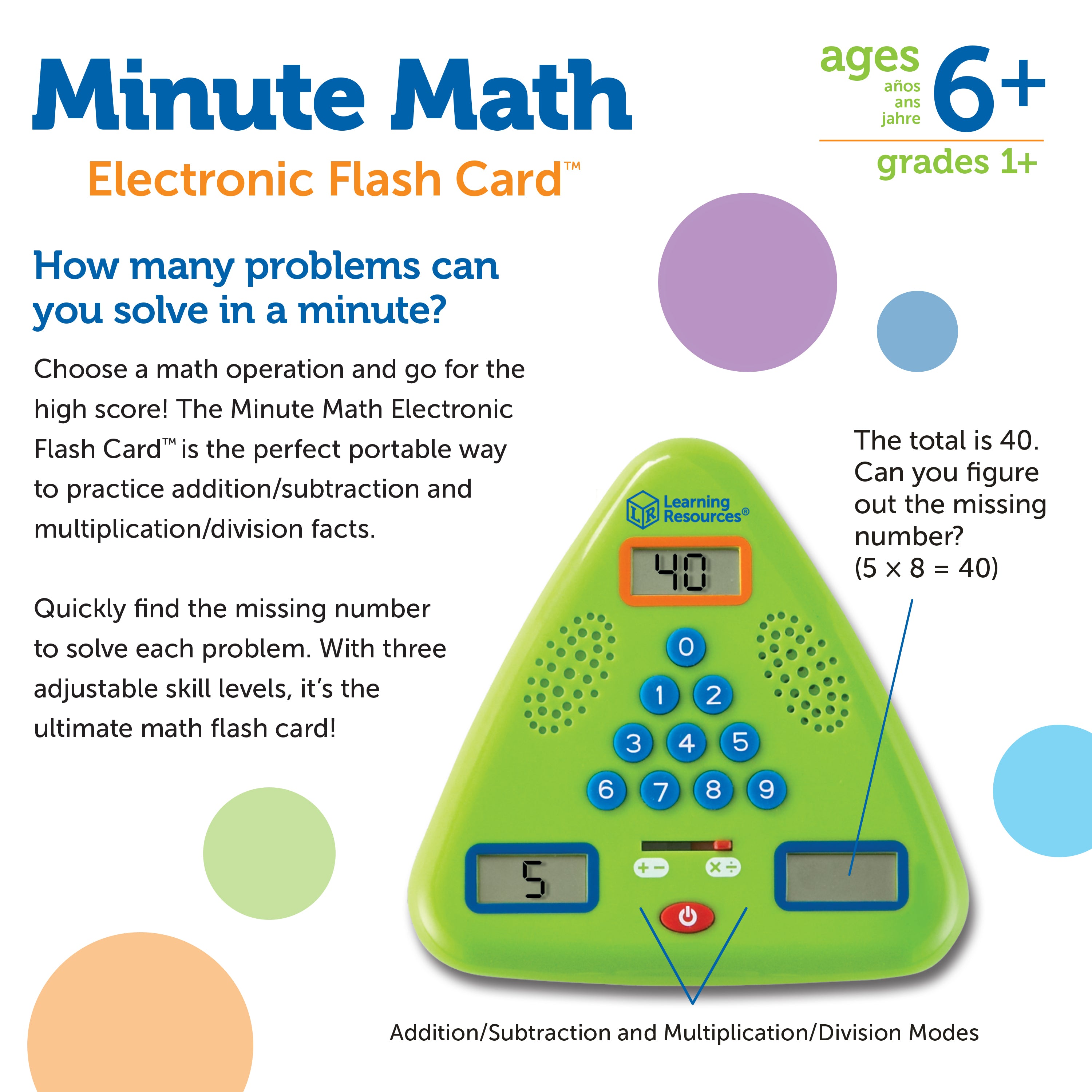 Learning Resources Handheld Minute Math Electronic Flash Card, Interactive Math Game for Kids, Ages 6+