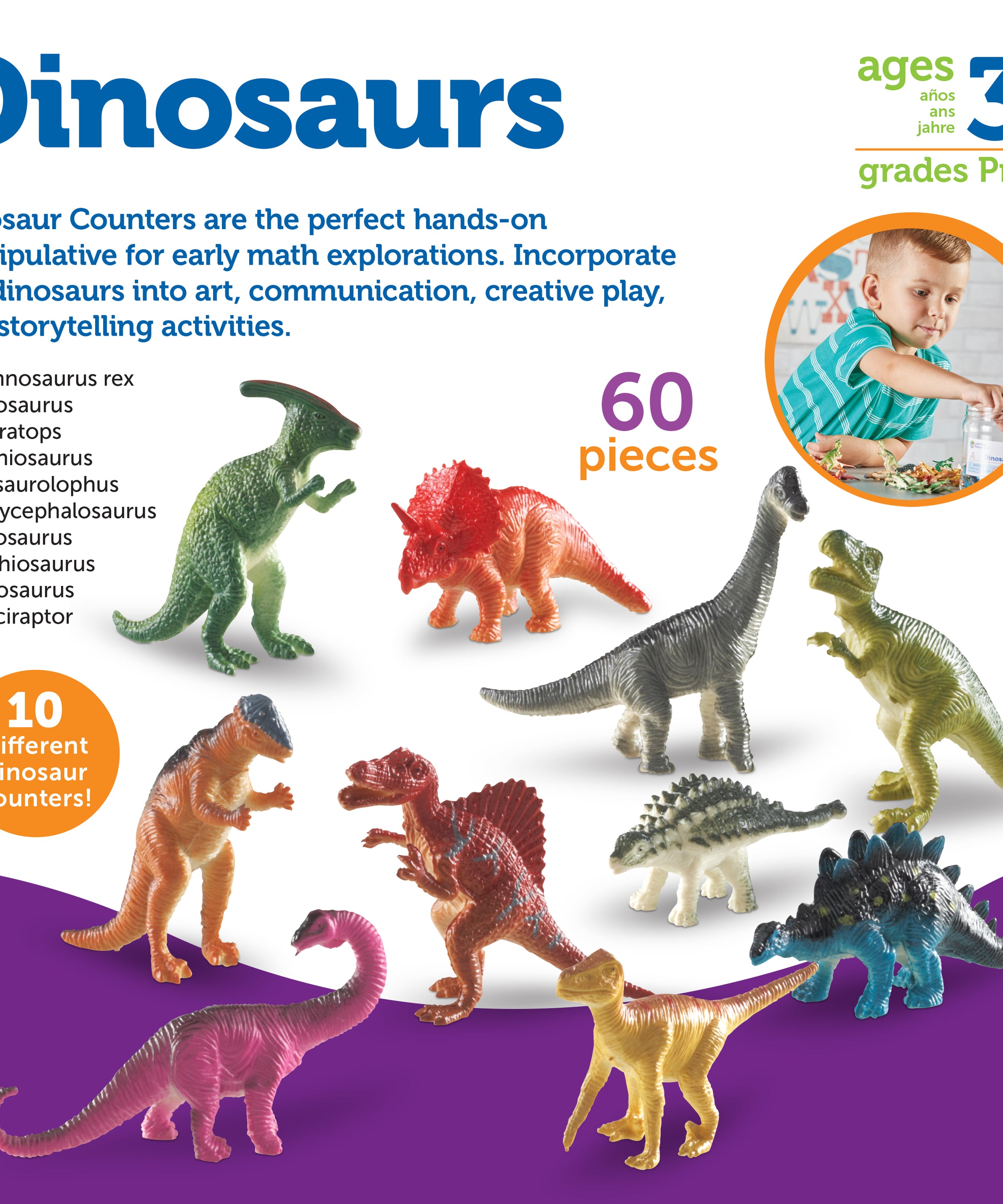 Learning Resources Dinosaur Counters, Set of 60 Realistic Figures for Counting, Sorting, and Imaginative Play, Ages 3+