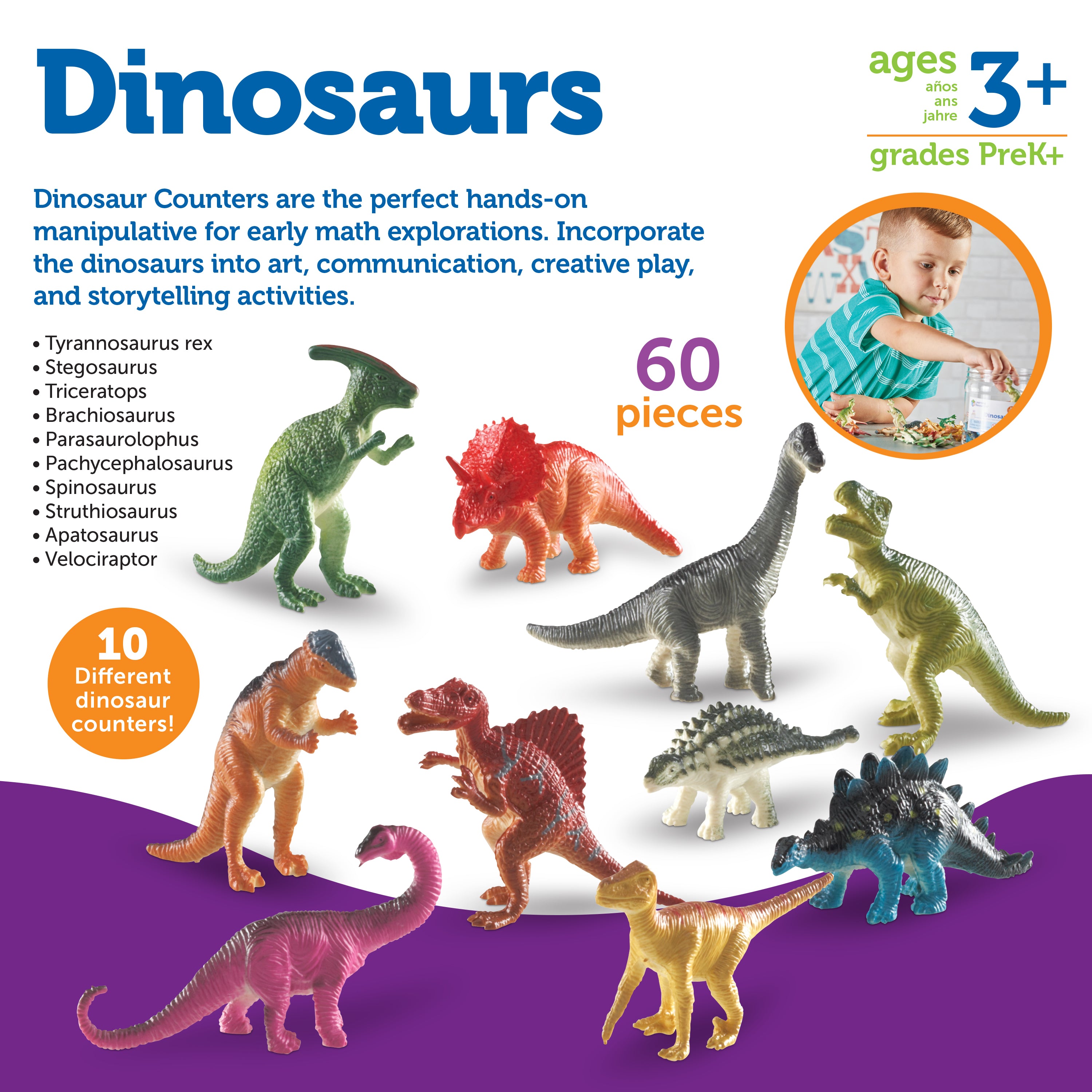 Learning Resources Dinosaur Counters, Set of 60 Realistic Figures for Counting, Sorting, and Imaginative Play, Ages 3+