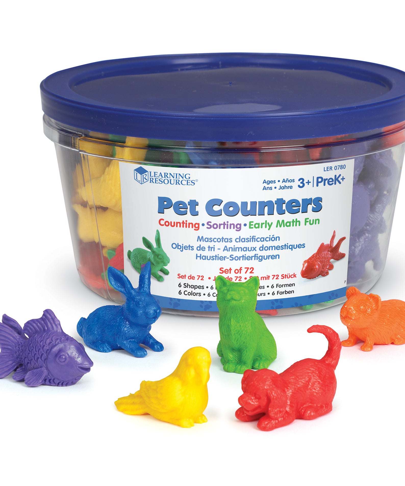 Learning Resources Pet Counters, Set of 72 Animal Counters for Sorting, Counting & Patterning, Includes 6 Pet Shapes in 6 Colours, Storage Tub, Ages 3+