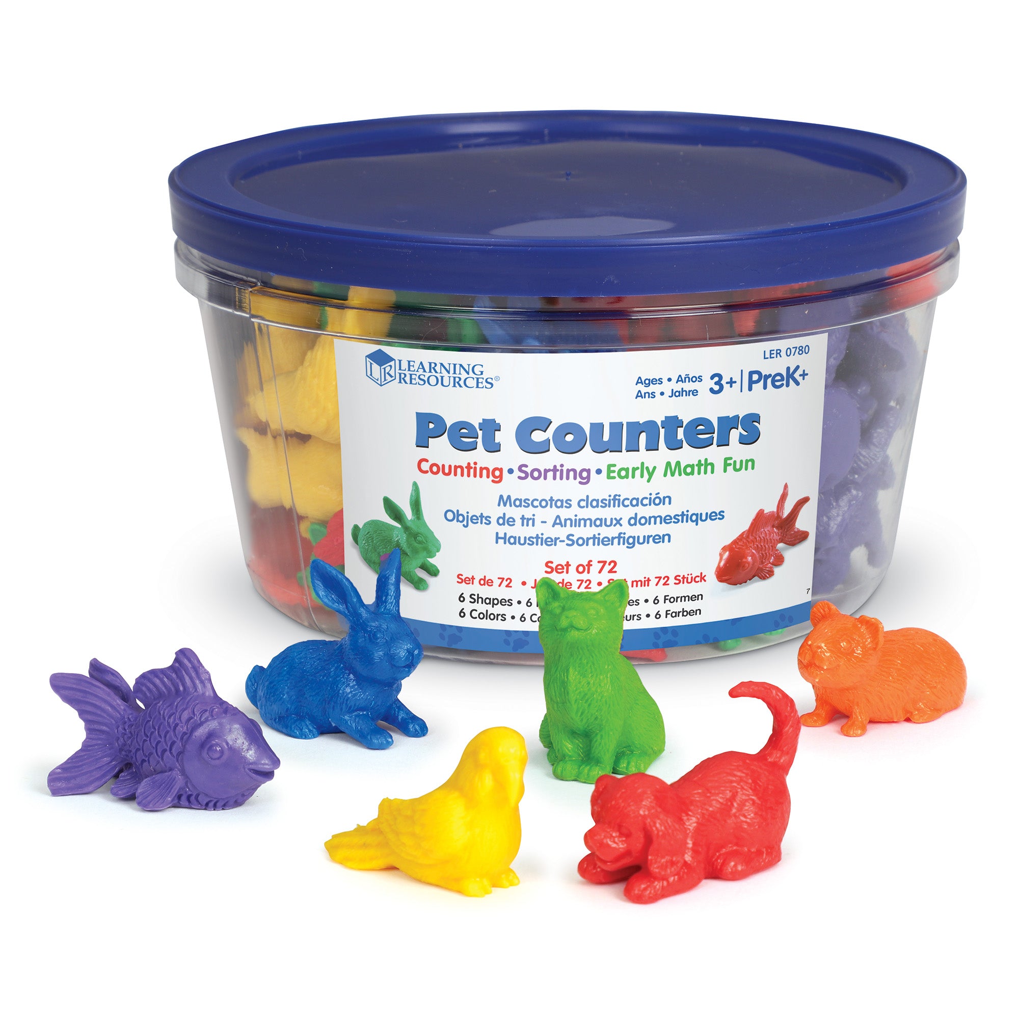 Learning Resources Pet Counters, Set of 72 Animal Counters for Sorting, Counting & Patterning, Includes 6 Pet Shapes in 6 Colours, Storage Tub, Ages 3+