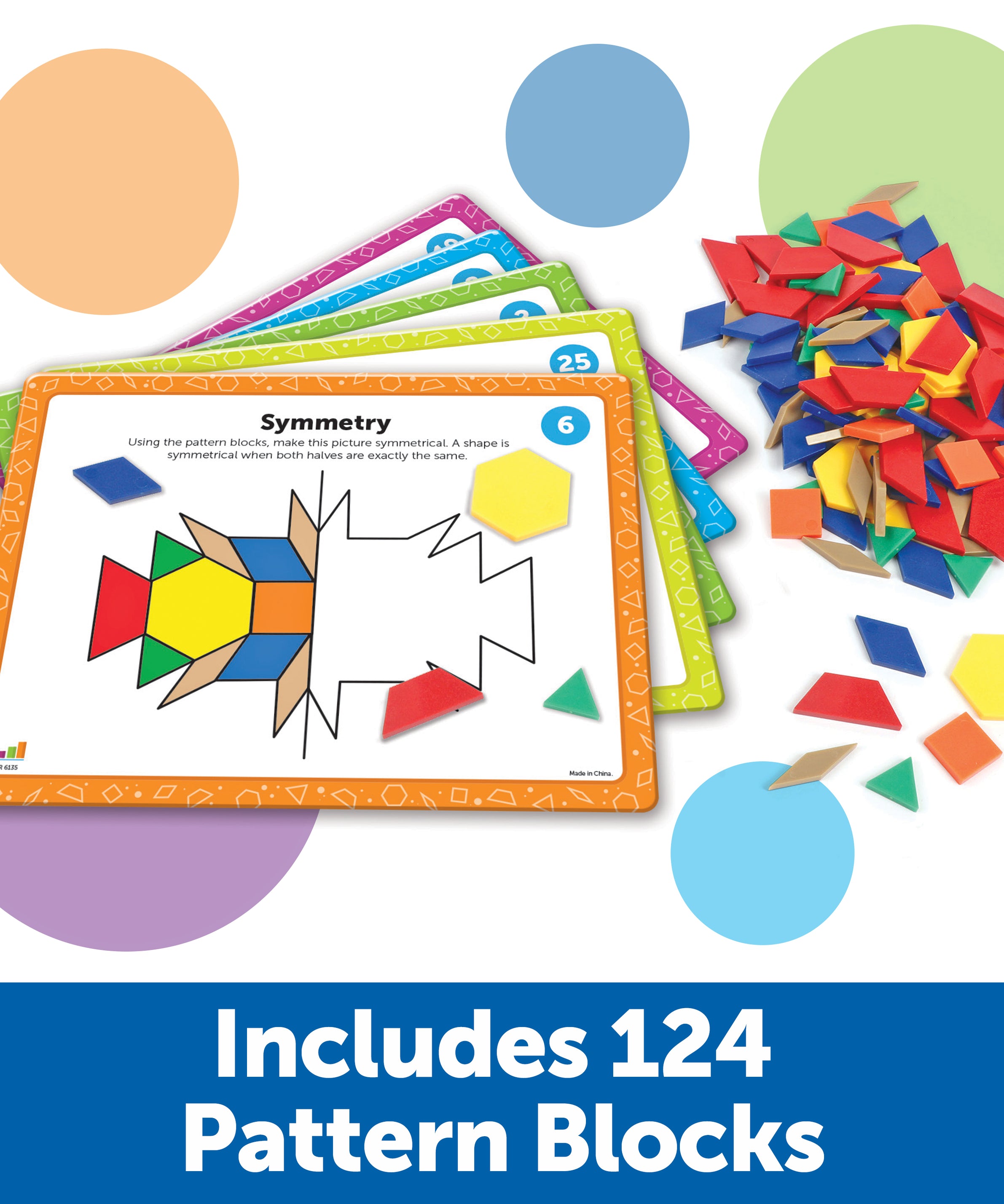 Learning Resources Pattern Block Math Activity Set, 124 Plastic Pattern Blocks, 20 Double-Sided Activity Cards, Hands-On Maths & STEM Learning, Ages 5+