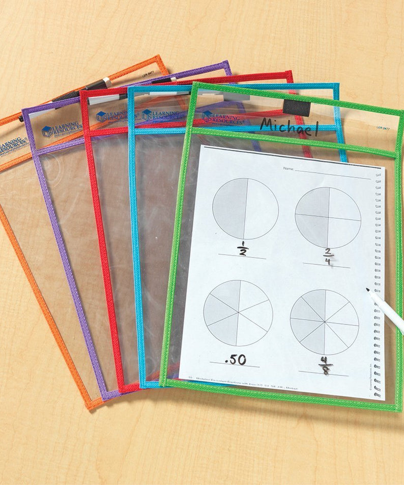 Learning Resources Write & Wipe Pockets (Set of 5), Reusable Clear Dry-Erase Pockets, Includes 5 Dry-Erase Markers with Erasers, Environmentally Friendly, Holds Up to A4 Paper, Multi-Color Set, Ideal for Ages 3+
