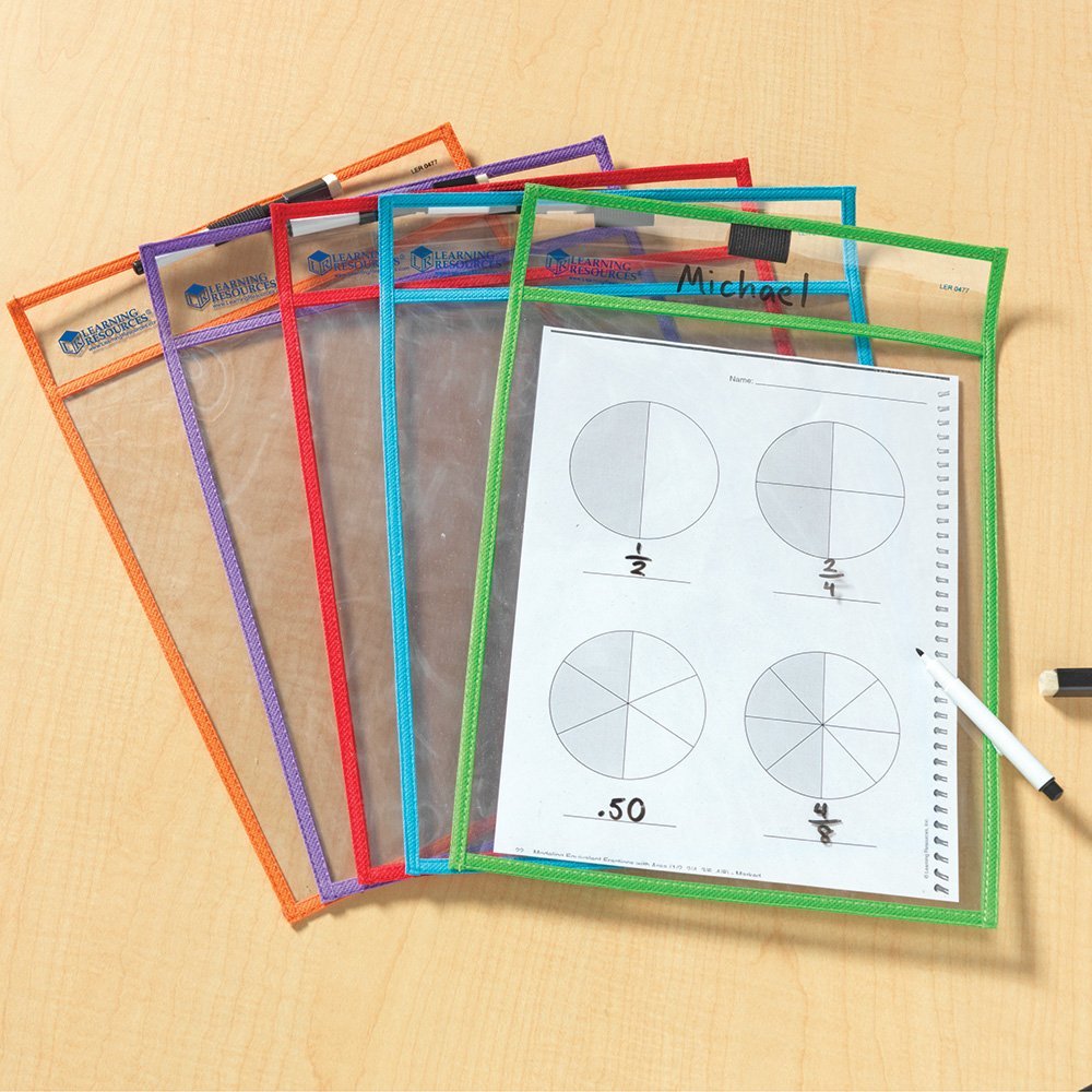 Learning Resources Write & Wipe Pockets (Set of 5), Reusable Clear Dry-Erase Pockets, Includes 5 Dry-Erase Markers with Erasers, Environmentally Friendly, Holds Up to A4 Paper, Multi-Color Set, Ideal for Ages 3+
