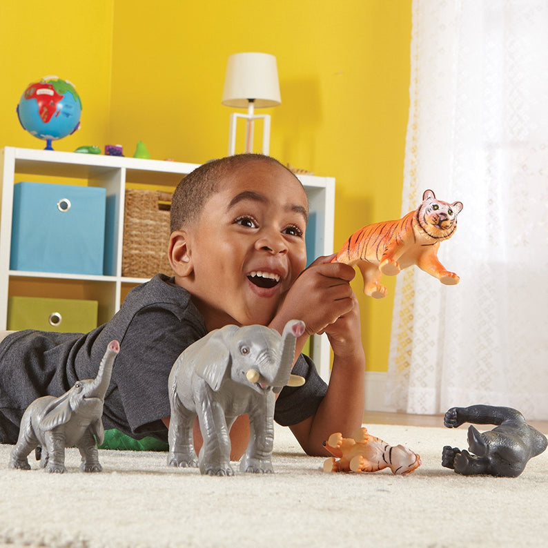 Learning Resources Jumbo Jungle Animals Mommas and Babies, 6 Piece Pretend Play Animal Set with Storage Box, Ages 2 Plus