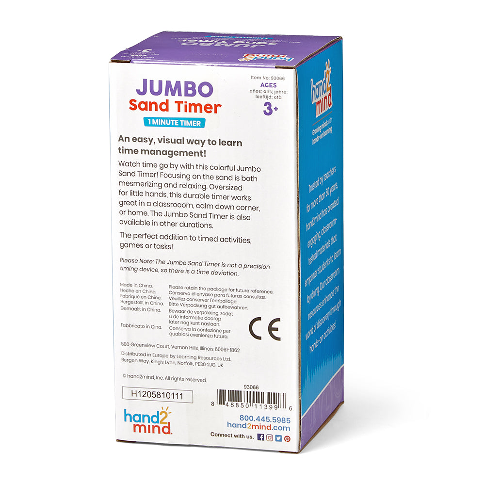 Learning Resources Jumbo Sand Timer, 1 Minute Visual Timer for Kids, Durable Hourglass Timer for Time Management and Classroom Activities, Ages 3+