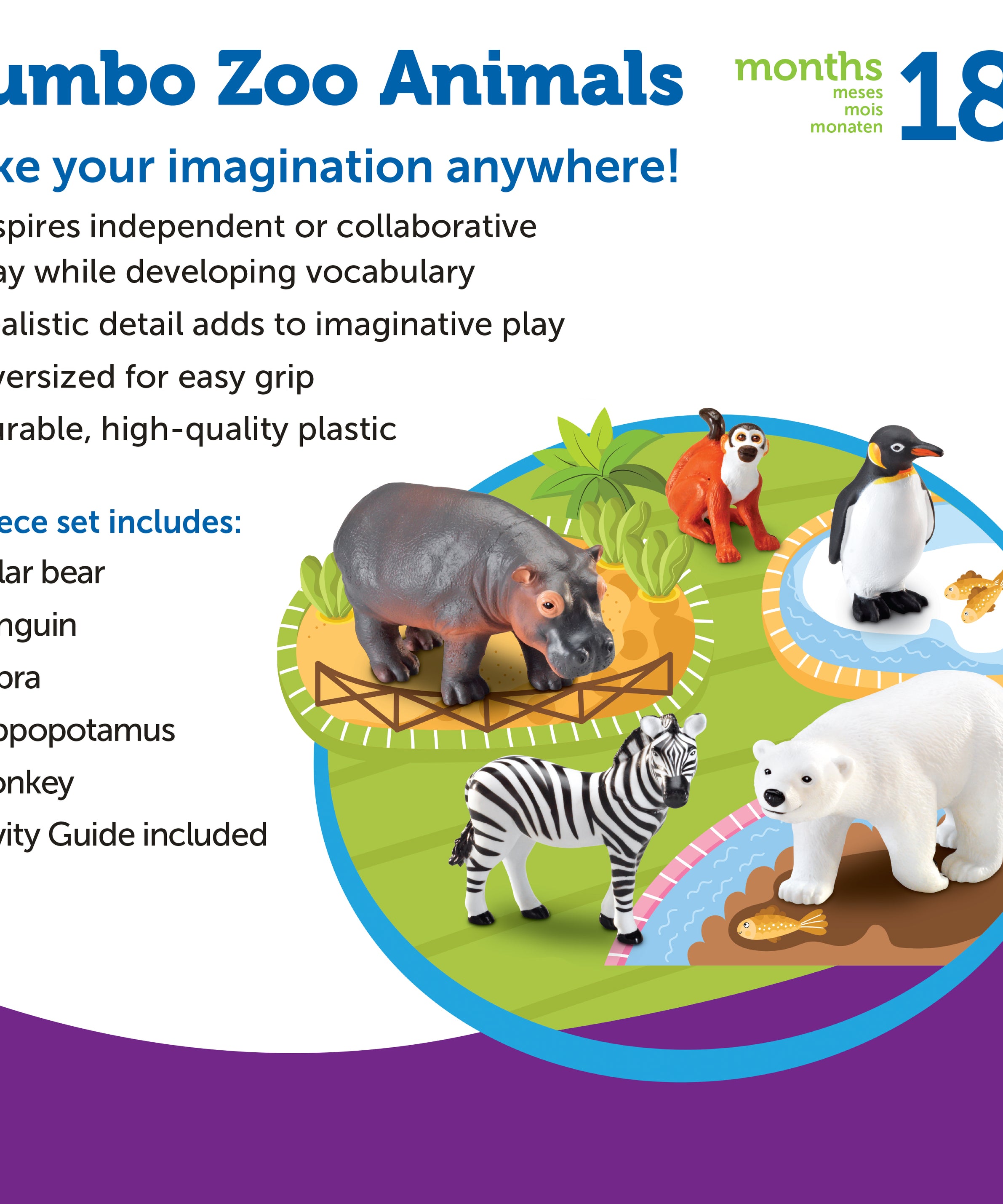 Learning Resources Jumbo Zoo Animals, Set of 5 Large Plastic Animals, Durable Pretend Play Figures, Ideal for Toddlers and Preschoolers, Includes Storage Box, Ages 3+