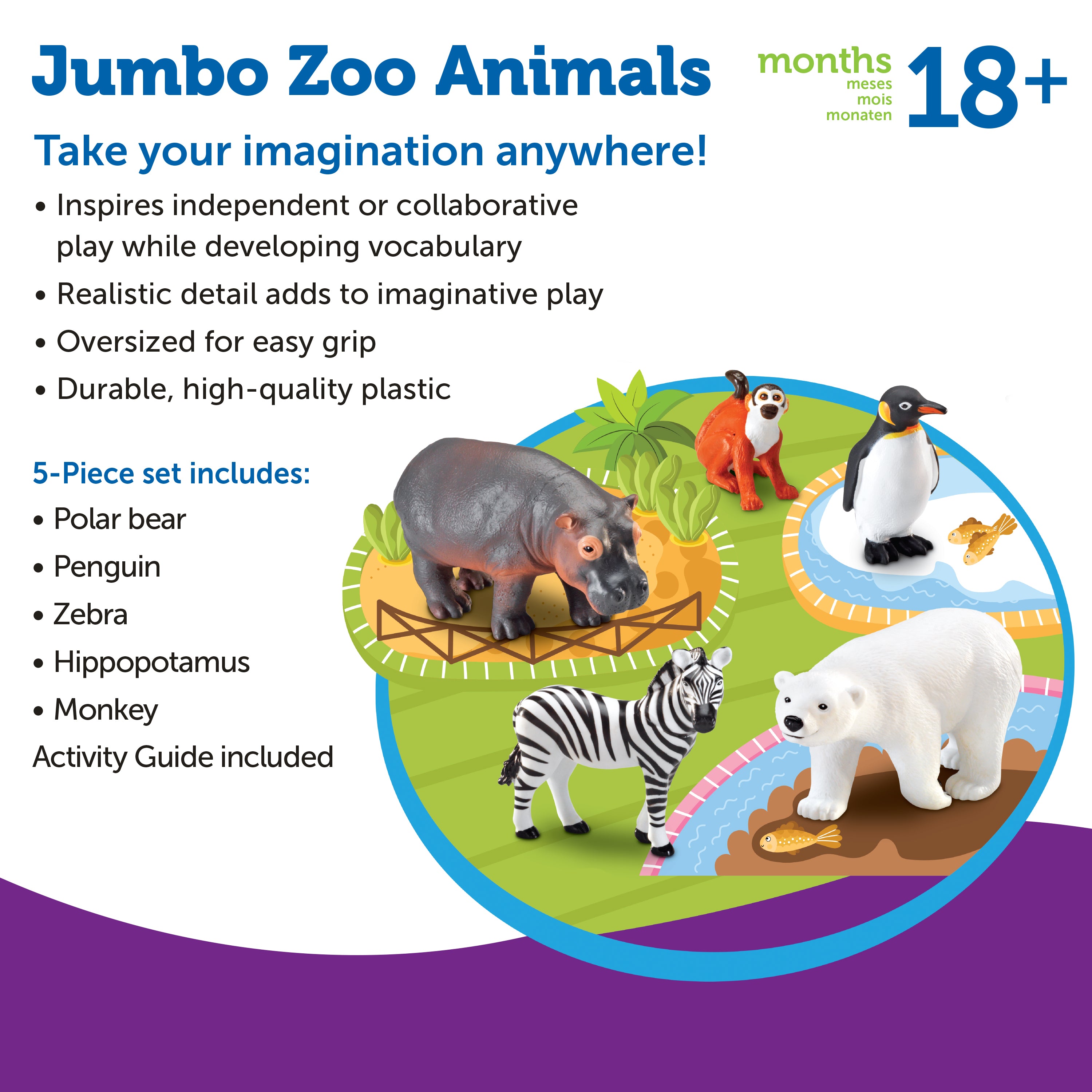 Learning Resources Jumbo Zoo Animals, Set of 5 Large Plastic Animals, Durable Pretend Play Figures, Ideal for Toddlers and Preschoolers, Includes Storage Box, Ages 3+