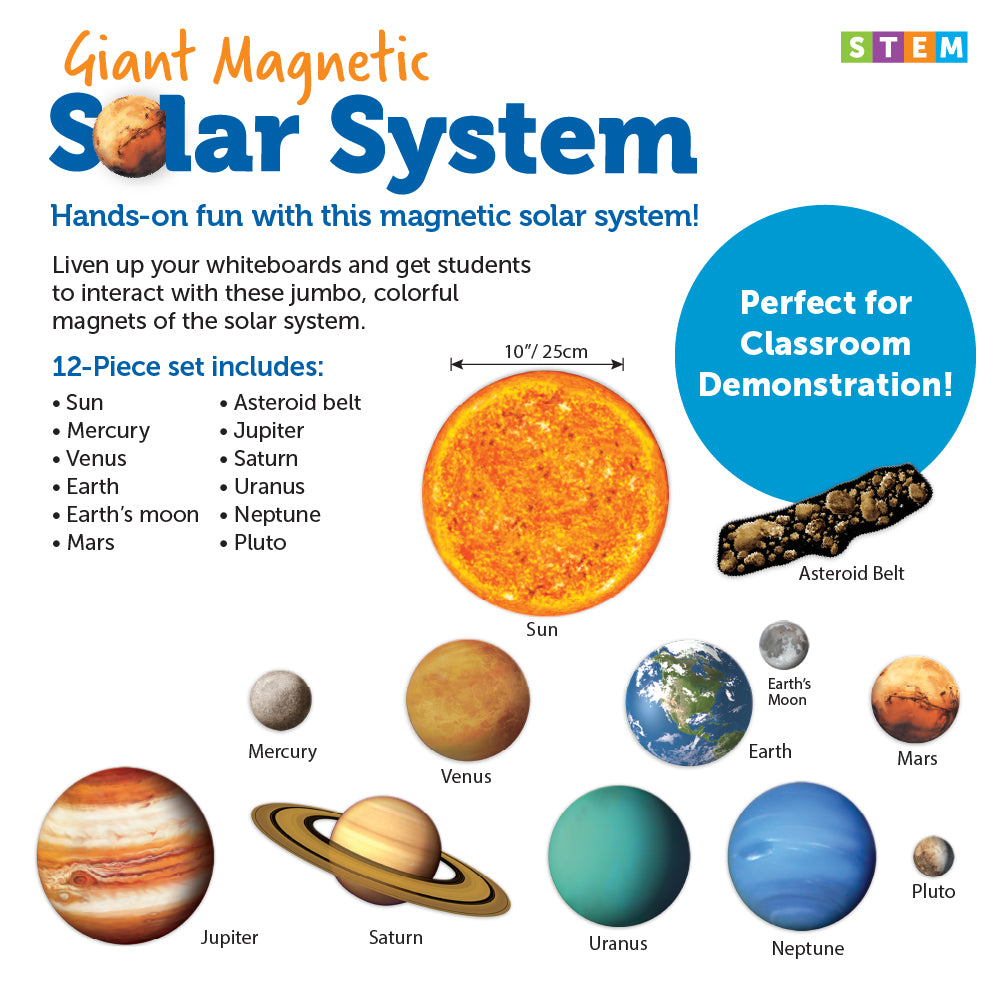Learning Resources Giant Magnetic Solar System, Full-Colour, Realistic Solar System Magnets for Whiteboard Demonstrations, Includes Planets, Pluto, Moon, Asteroid Belt & Activity Guide, For Kids Ages 5+