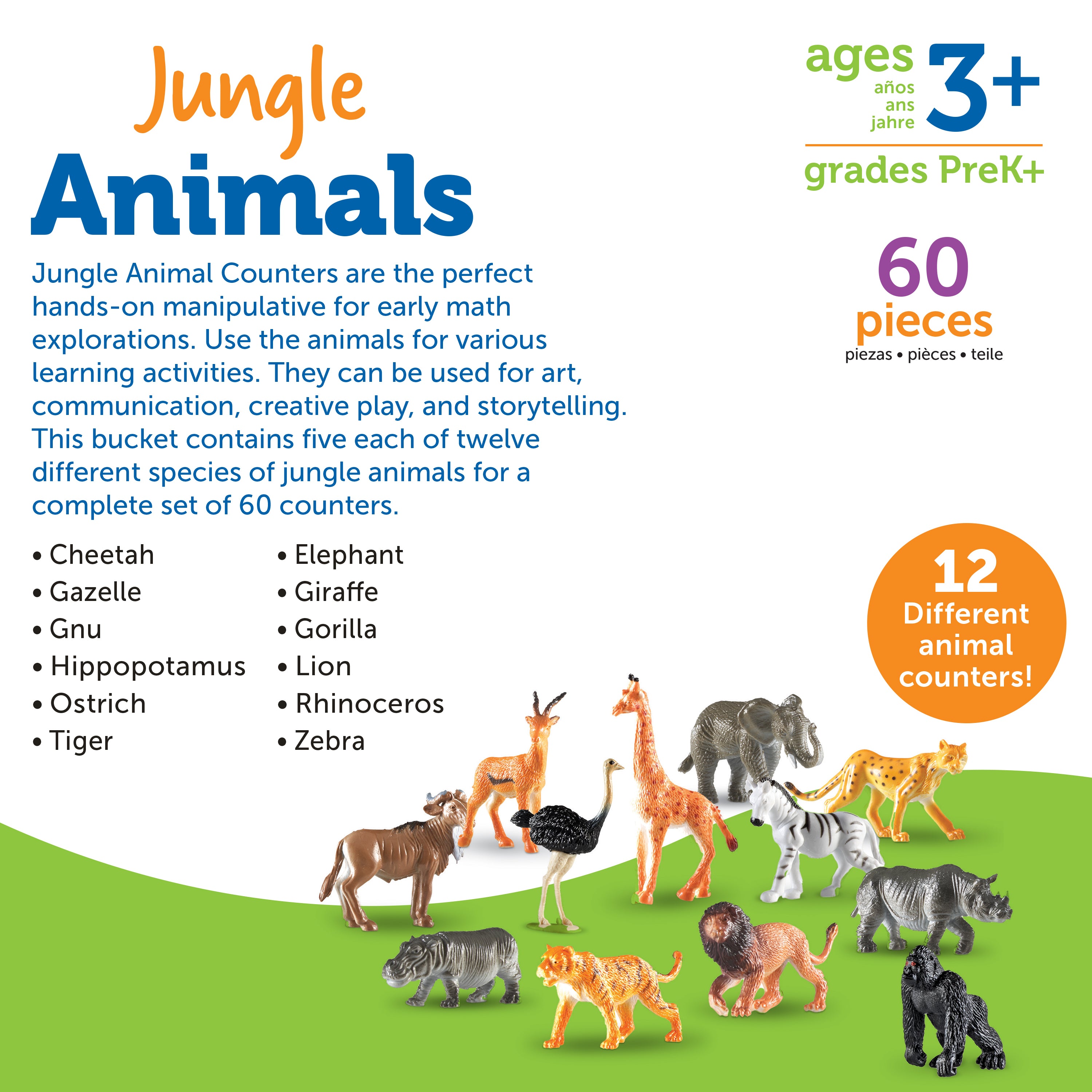 Learning Resources Jungle Animal Counters, Set of 60, Colourful & Realistic Jungle Animal Figures for Counting, Sorting & Imaginative Play, Includes Storage Bucket & Animal Fun Facts, Ages 3+