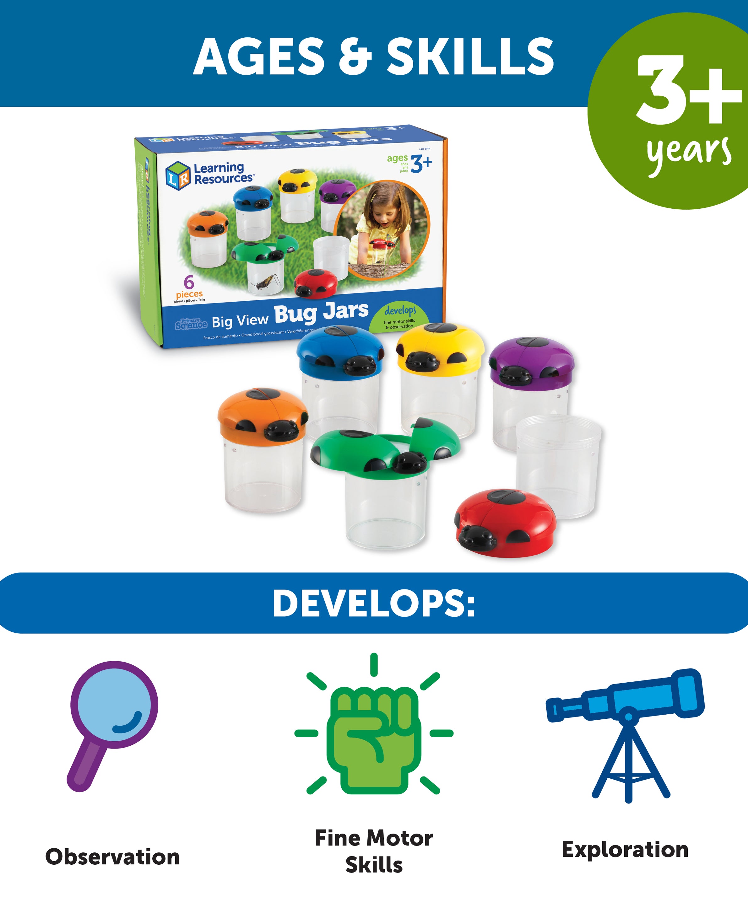 Learning Resources Jumbo Bug Jars (Box of 6), Magnifying Observation Jars with Air Vents for Hands-On Science Exploration, Ages 3+