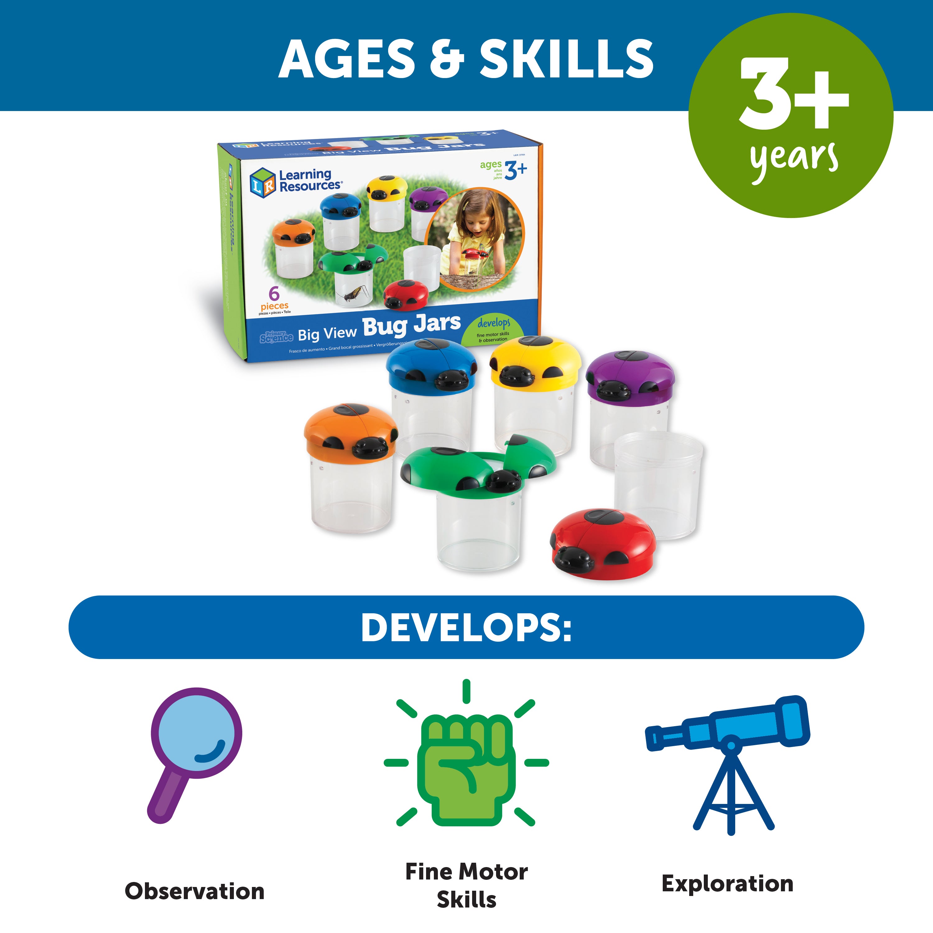 Learning Resources Jumbo Bug Jars (Box of 6), Magnifying Observation Jars with Air Vents for Hands-On Science Exploration, Ages 3+