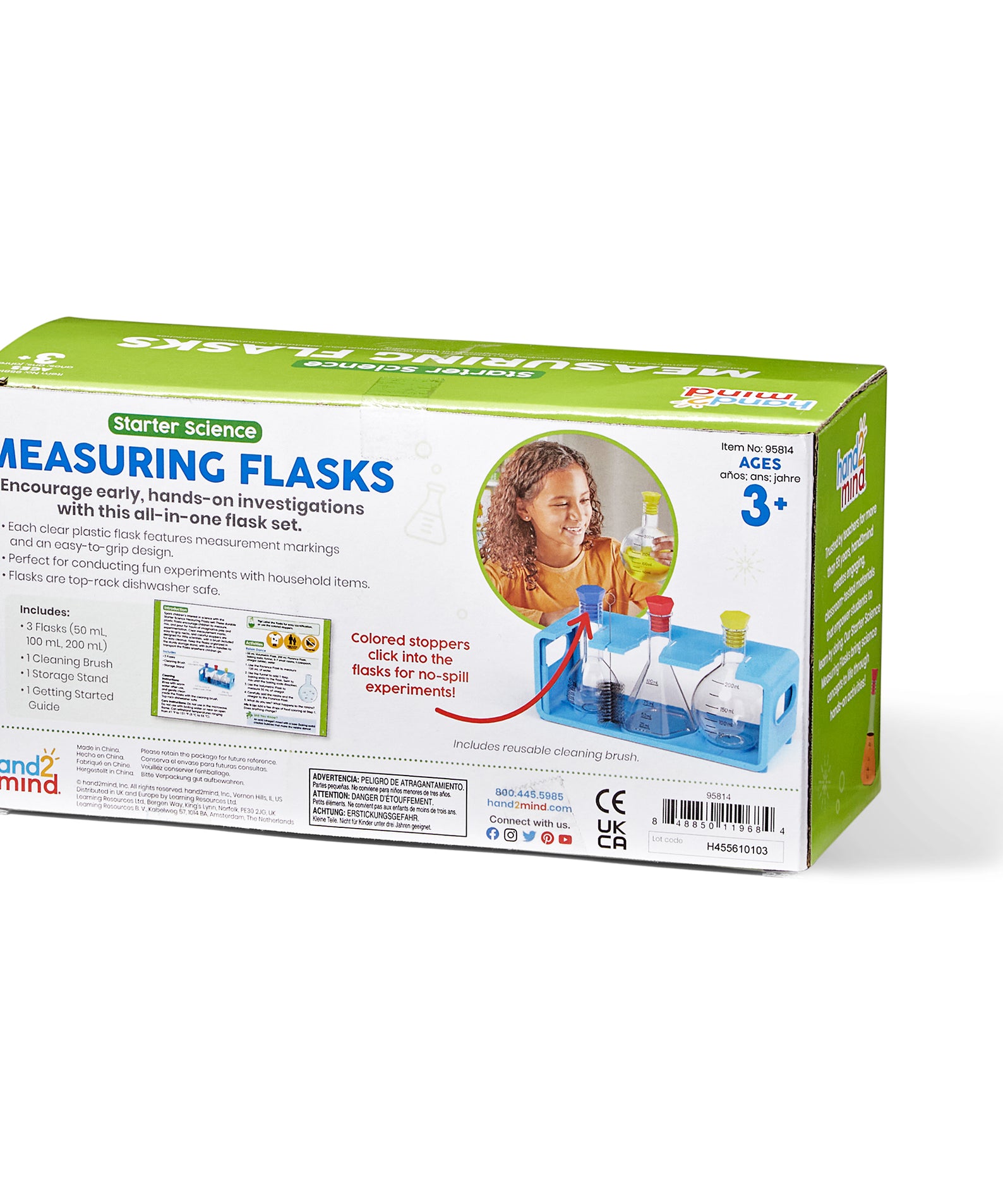 Learning Resources Starter Science Measuring Flask Set, Child-Safe Lab Equipment with 3 Flasks, Stoppers, Stand and Cleaning Brush, Ages 3 Plus