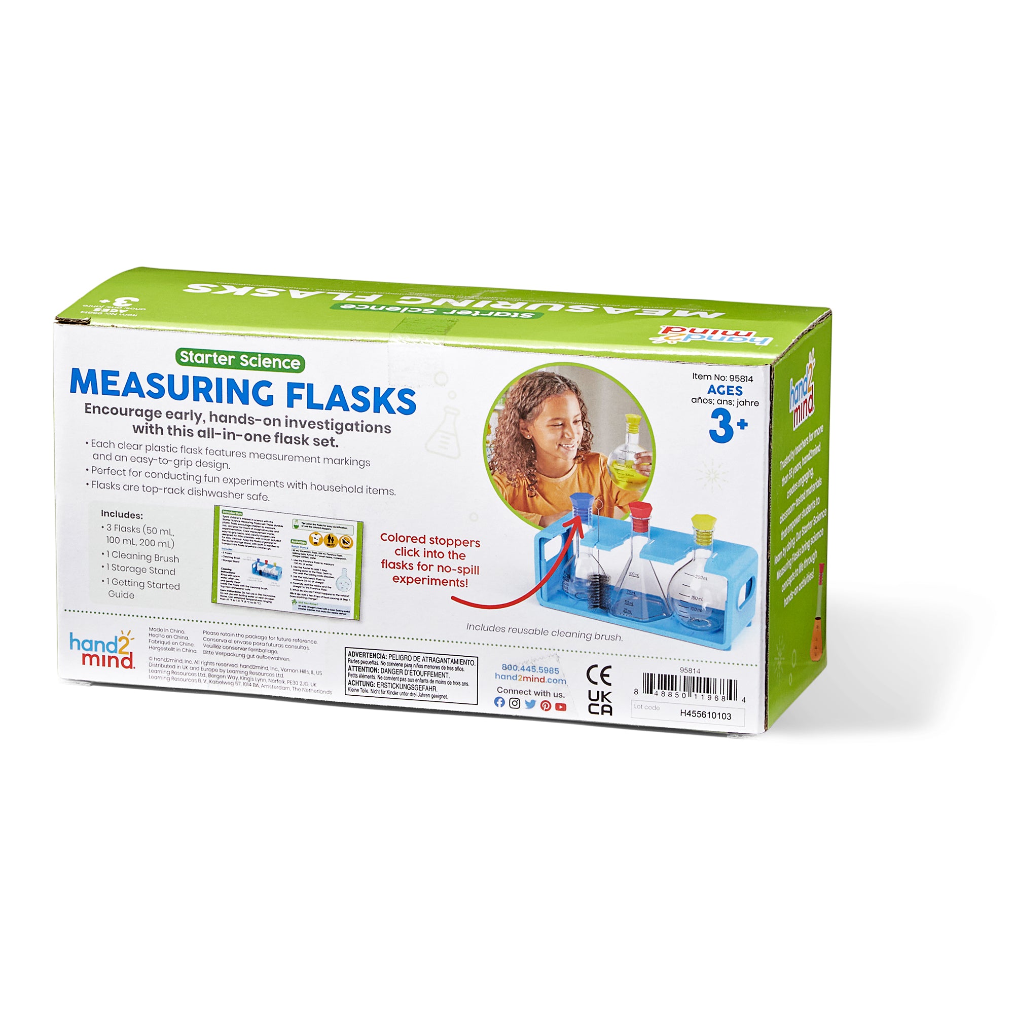 Learning Resources Starter Science Measuring Flask Set, Child-Safe Lab Equipment with 3 Flasks, Stoppers, Stand and Cleaning Brush, Ages 3 Plus