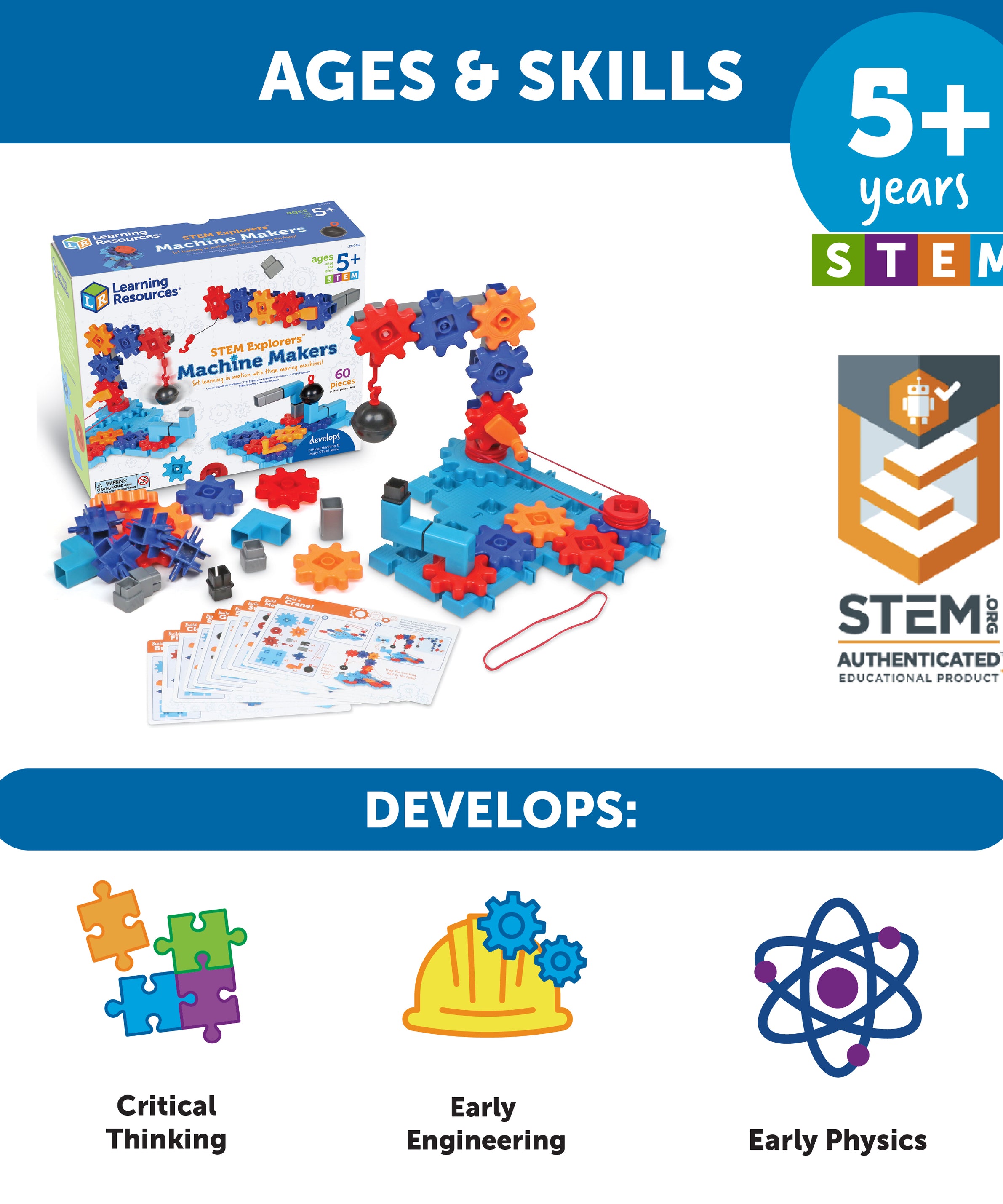 Learning Resources STEM Explorers Machine Makers, 50-Piece STEM Building Kit for Kids, Engineering Toys, Build-Your-Own Machines, Ages 5+, Includes Activity Cards