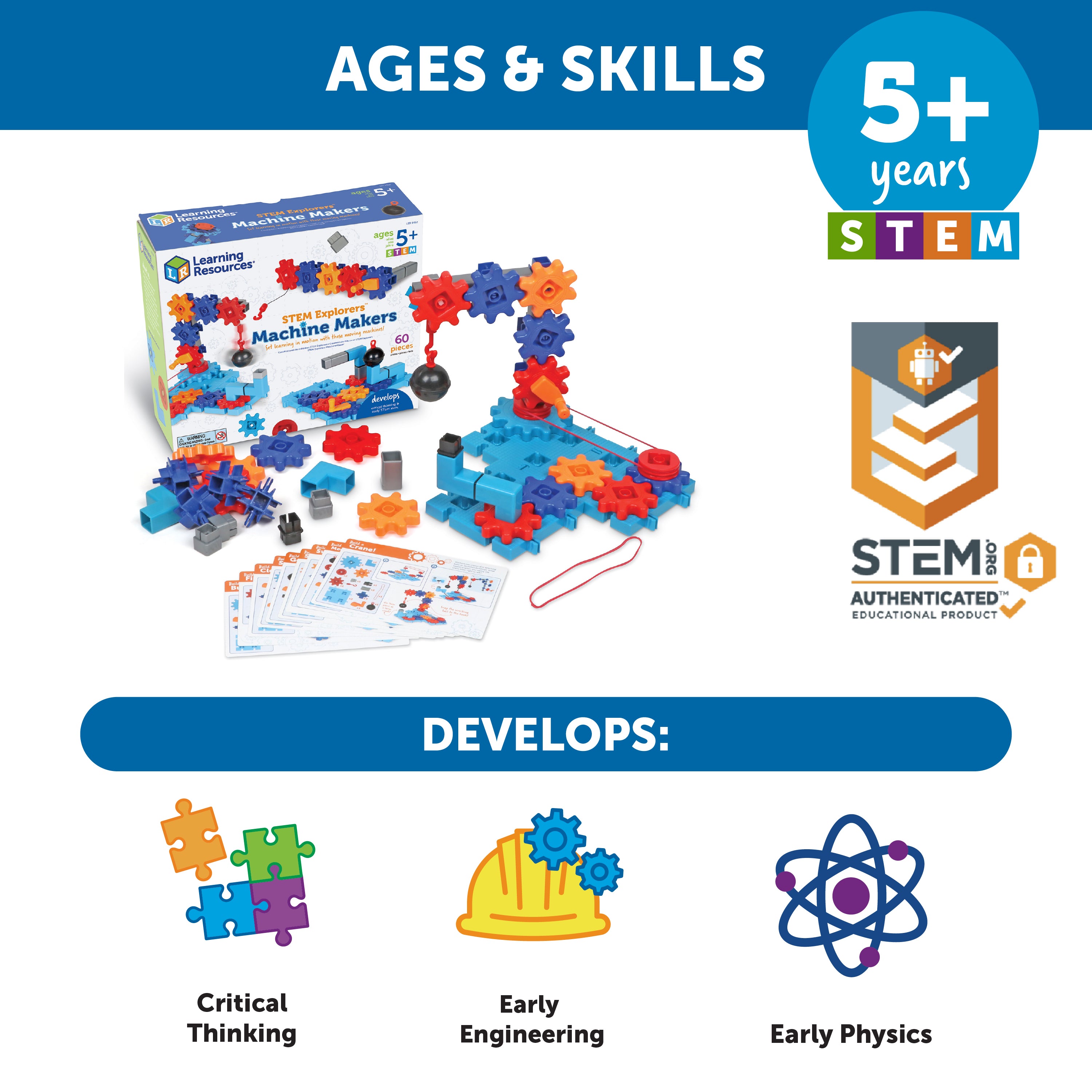 Learning Resources STEM Explorers Machine Makers, 50-Piece STEM Building Kit for Kids, Engineering Toys, Build-Your-Own Machines, Ages 5+, Includes Activity Cards