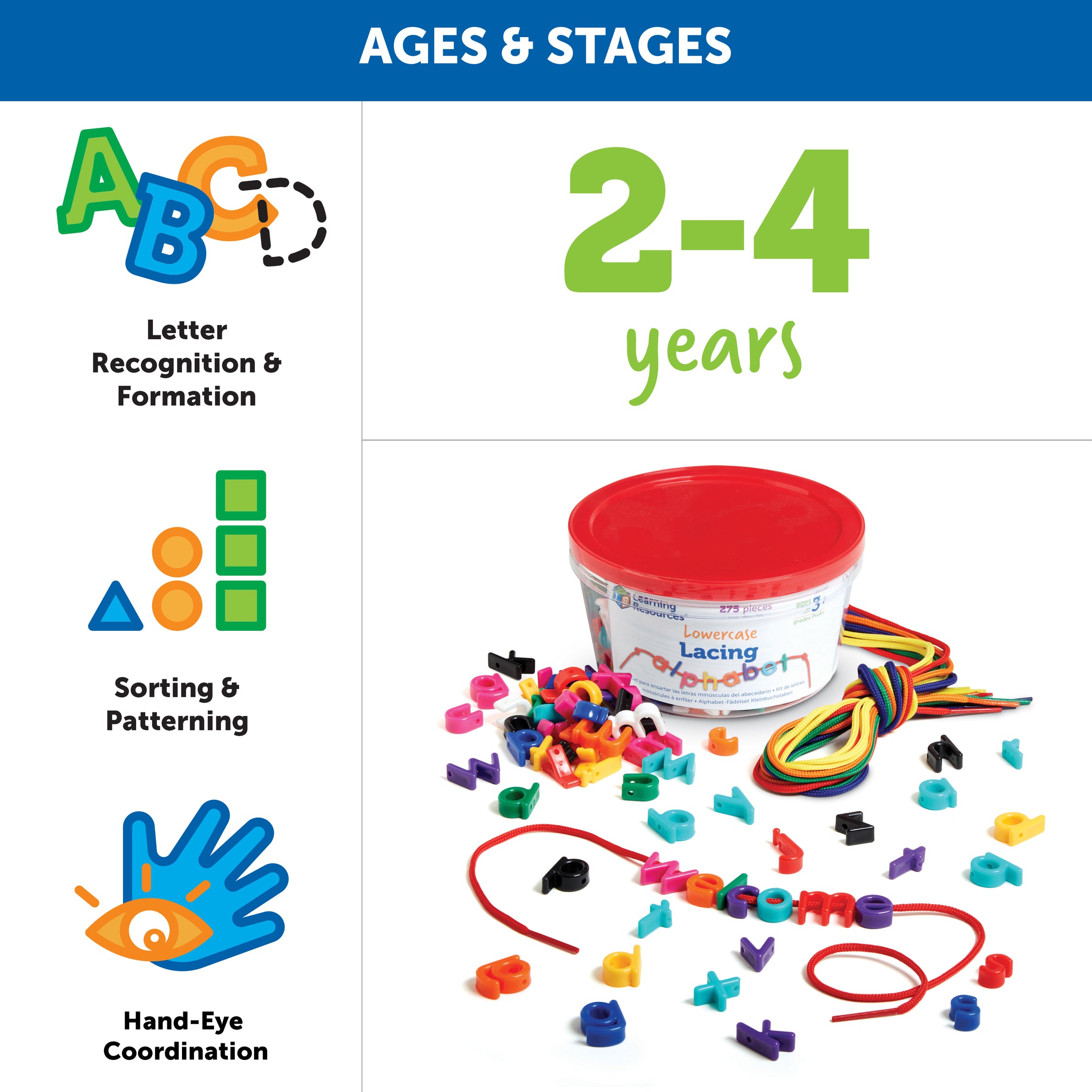 Learning Resources Lowercase Lacing Alphabet, Fun Learning Activity for Letter Recognition, Spelling, and Fine Motor Skills, Ages 3+