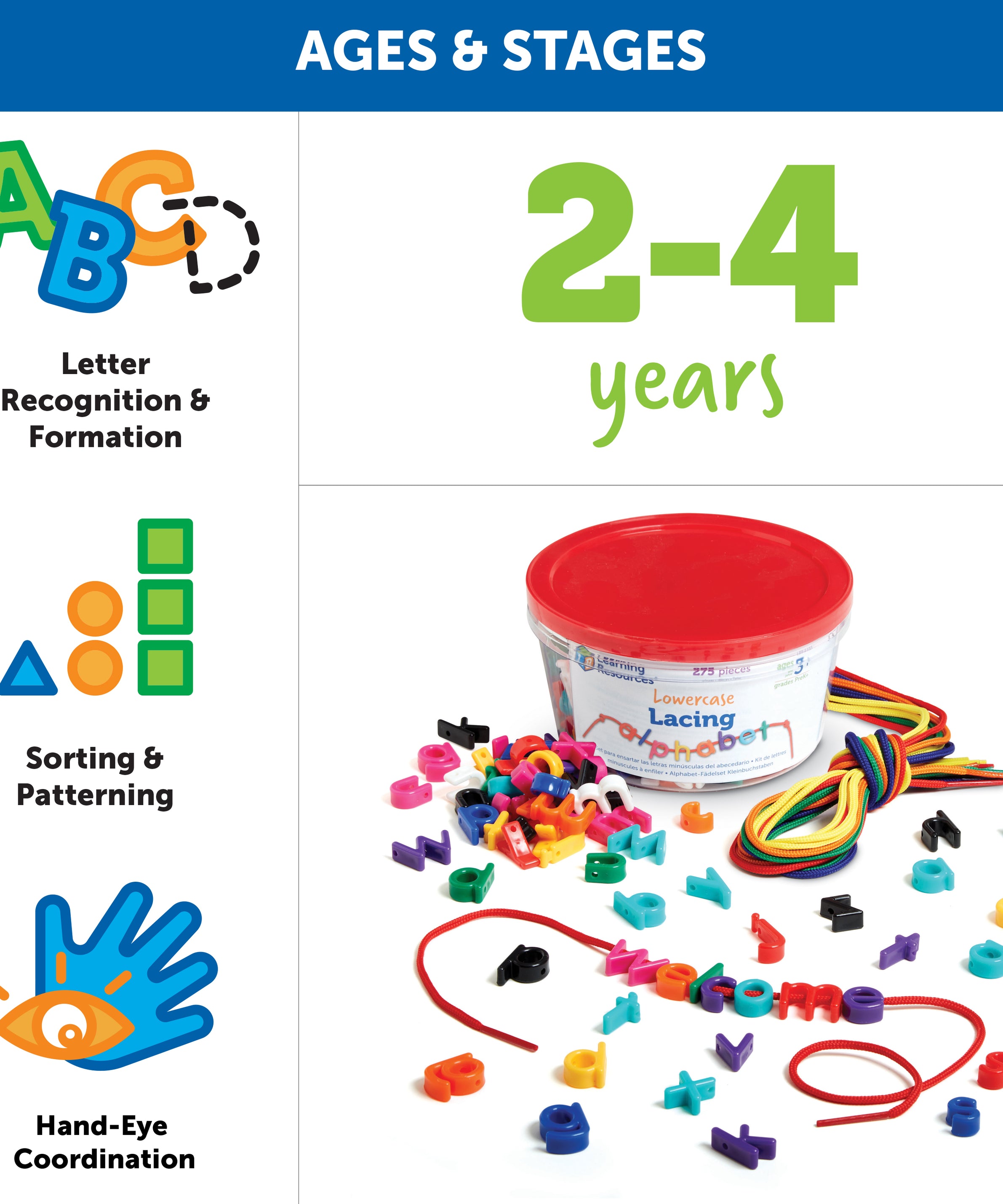 Learning Resources Lowercase Lacing Alphabet, Fun Learning Activity for Letter Recognition, Spelling, and Fine Motor Skills, Ages 3+