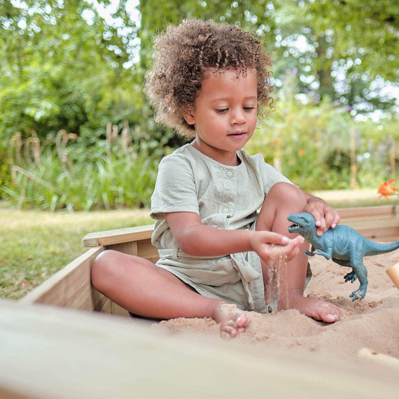 Plum Treasure Beach Wooden Sandpit with Cover, Outdoor Playground Sandbox Toy with Built-in Bench, Encourages Imaginative & Active Play for Kids, Suitable for Boys and Girls Aged 3 years and Above