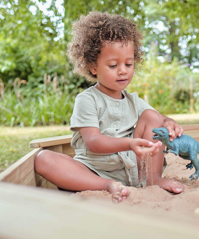 Plum Treasure Beach Wooden Sandpit with Cover, Outdoor Playground Sandbox Toy with Built-in Bench, Encourages Imaginative & Active Play for Kids, Suitable for Boys and Girls Aged 3 years and Above