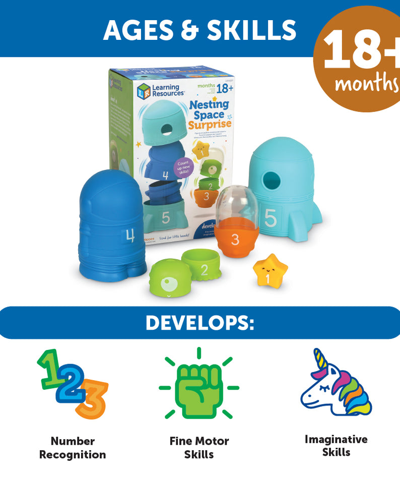 Learning Resources Nesting Space Surprise, Numbered Nesting Toy Set with Rocket, Astronaut, and More, Fine Motor and Counting Toy for Toddlers Ages 18 Months and Up