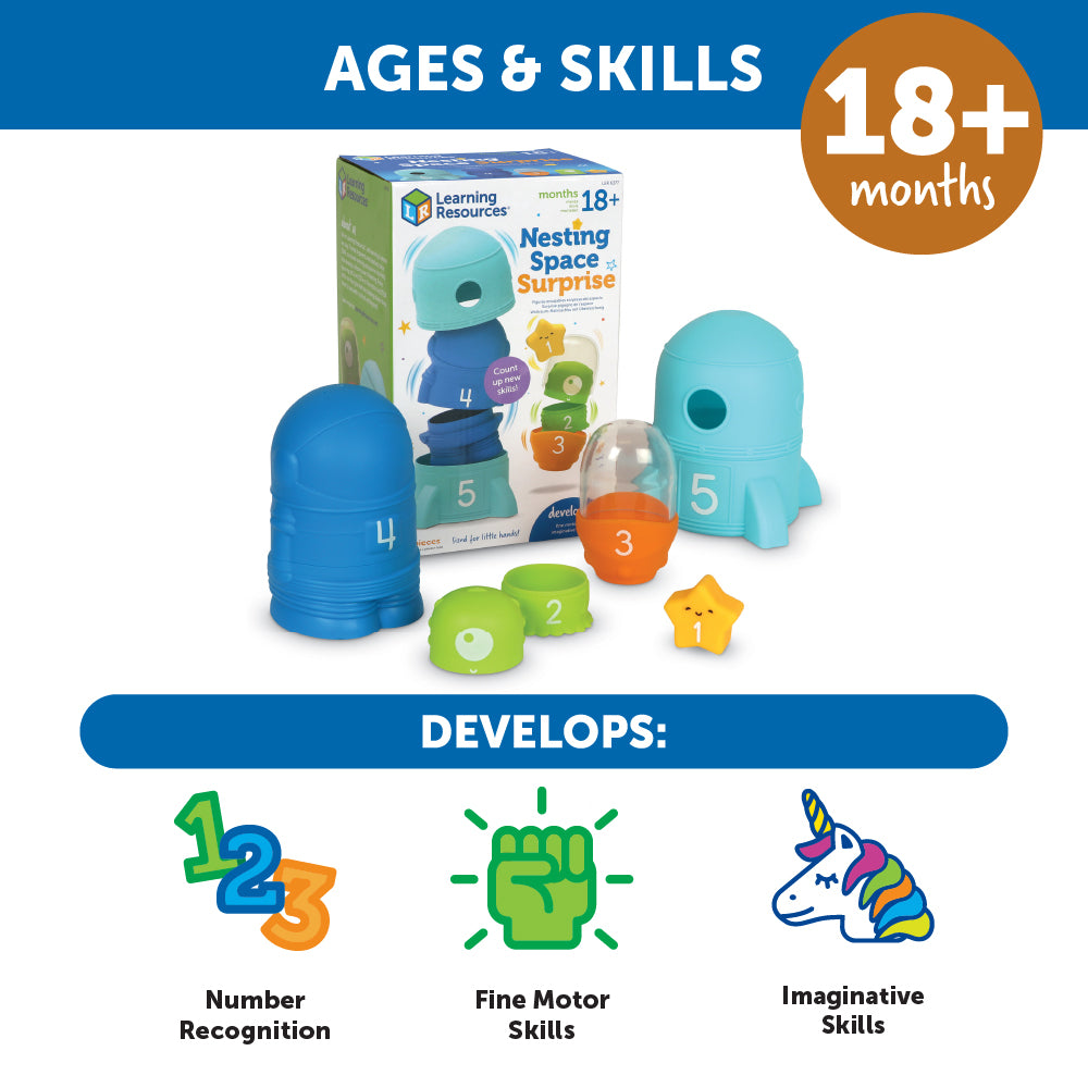 Learning Resources Nesting Space Surprise, Numbered Nesting Toy Set with Rocket, Astronaut, and More, Fine Motor and Counting Toy for Toddlers Ages 18 Months and Up