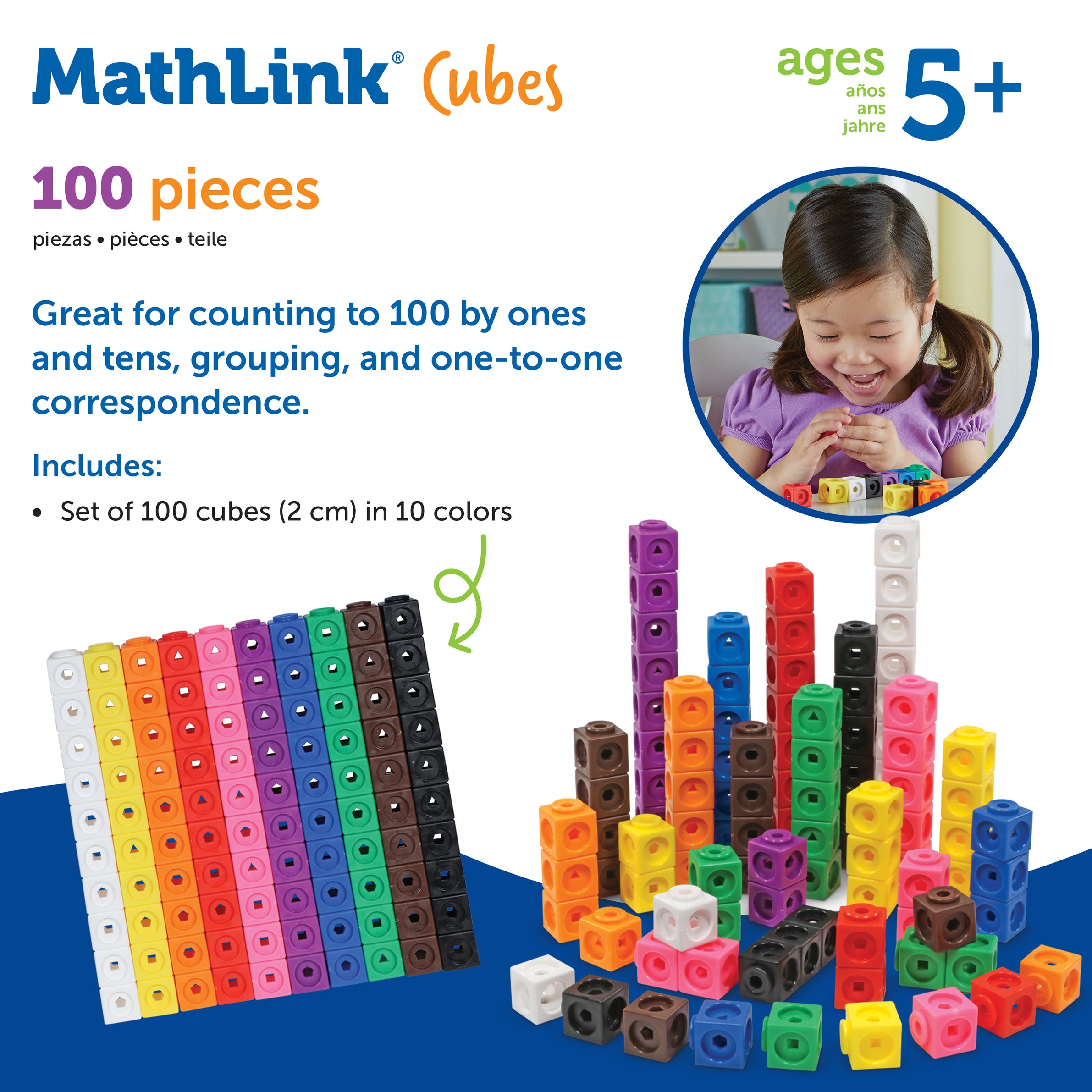 Learning Resources MathLink Cubes, Set of 100, Ages 5+, Hands-On STEM Math Learning for Counting, Sorting & Patterns - Quick Learning