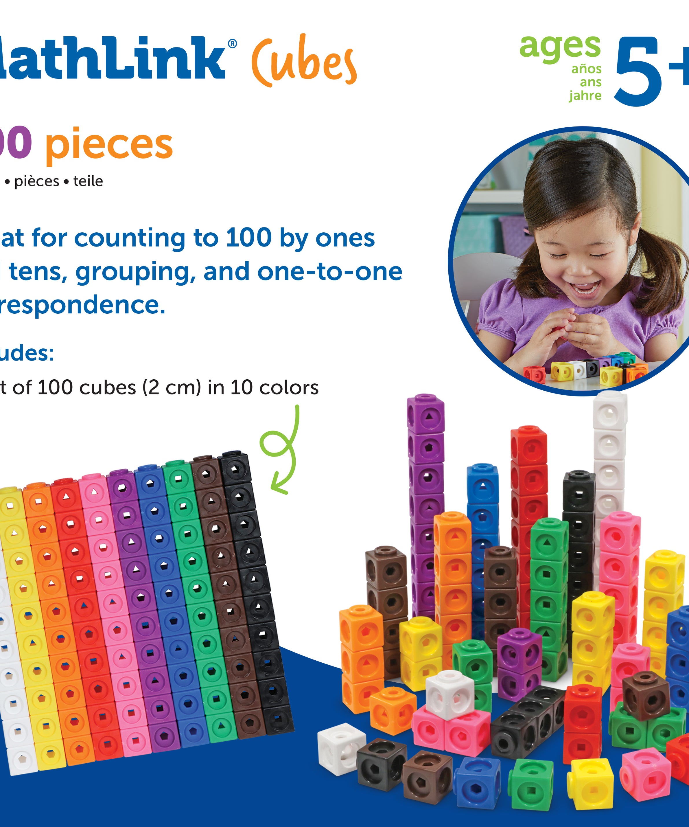 Learning Resources MathLink Cubes, Set of 100, Ages 5+, Hands-On STEM Math Learning for Counting, Sorting & Patterns
