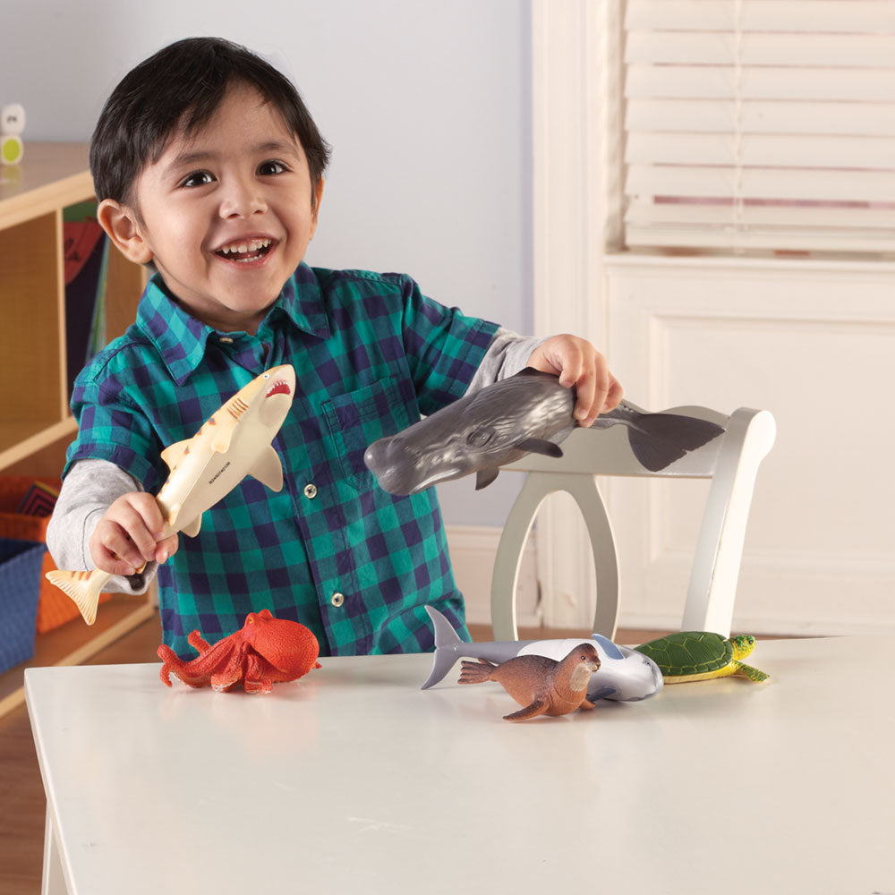 Learning Resources Jumbo Ocean Animals, Set of 6 Realistic Sea Animal Figures for Imaginative Play and Early Science Learning, Durable Plastic Toys with Storage Box, Ages 2+