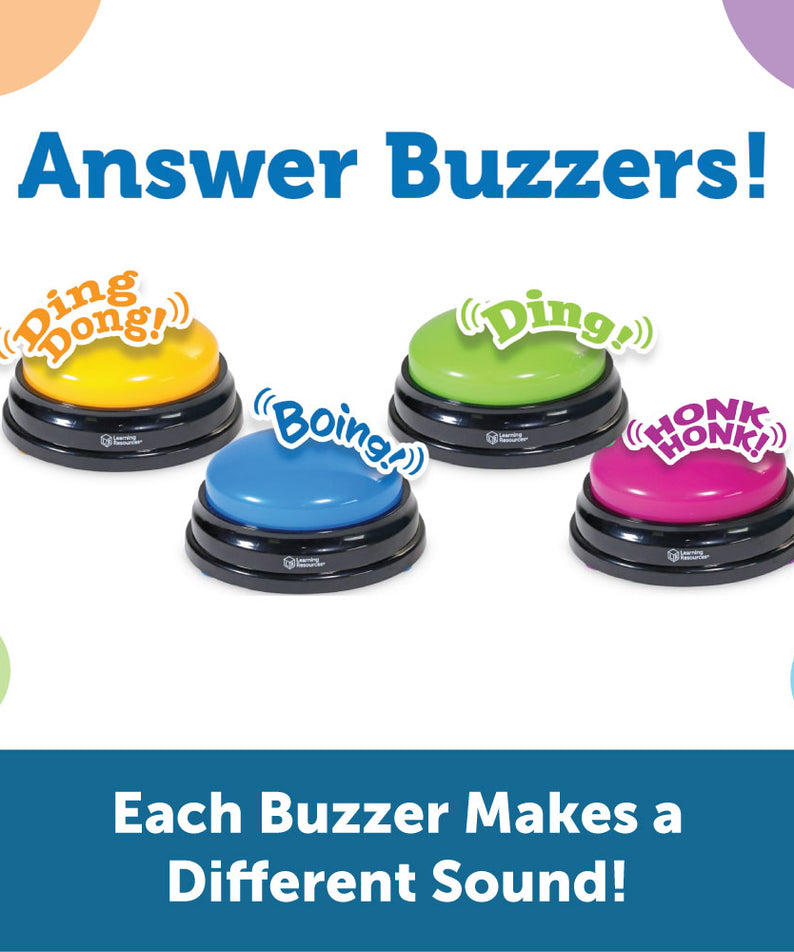 Learning Resources Recordable Answer Buzzers (Set of 4), Personalizable Light-Up Buzzers for Classroom, Family Games, Trivia Nights, and More (Ages 3+)