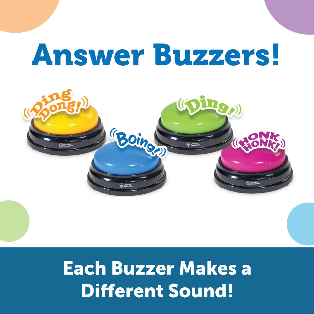 Learning Resources Recordable Answer Buzzers (Set of 4), Personalizable Light-Up Buzzers for Classroom, Family Games, Trivia Nights, and More (Ages 3+)