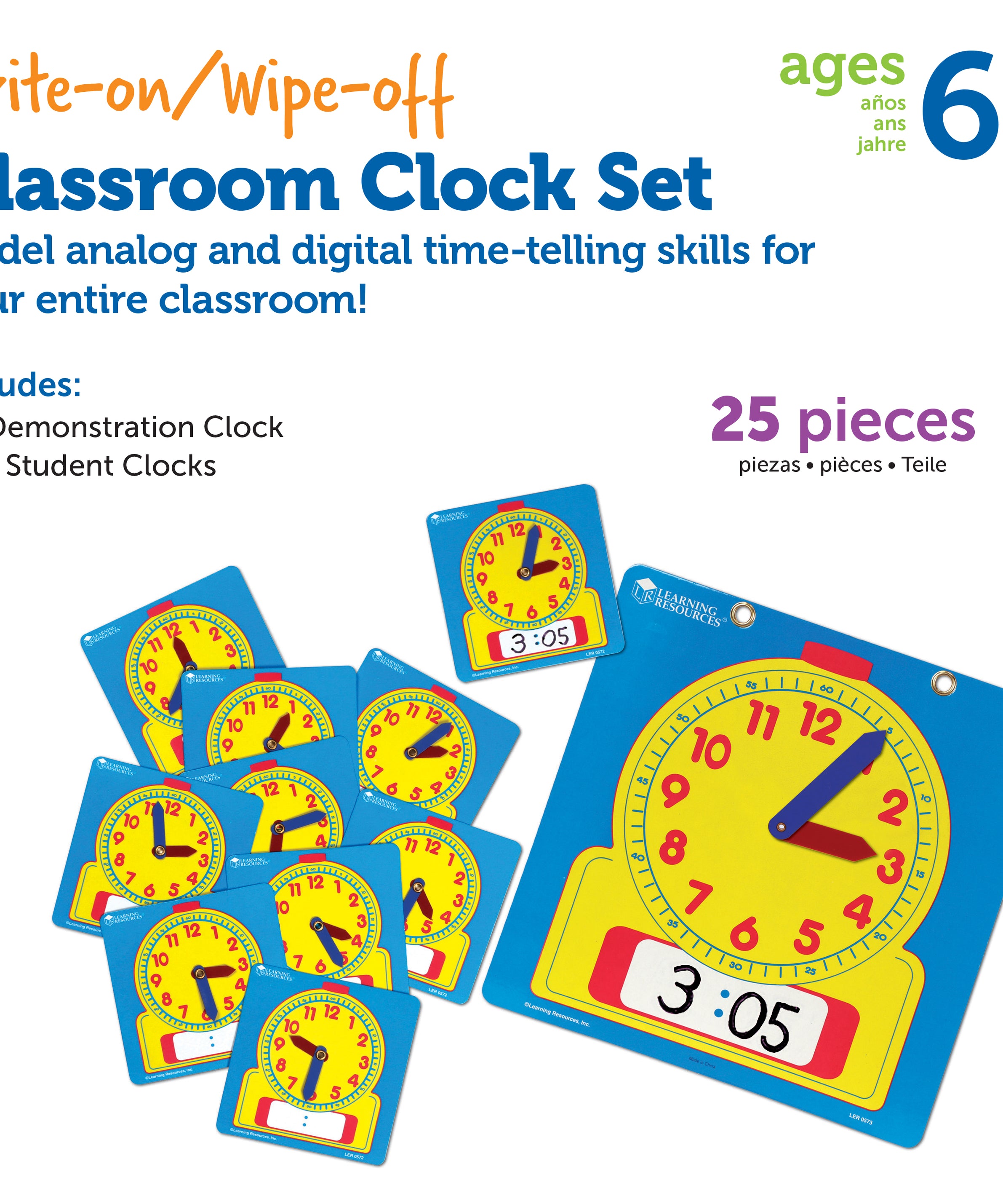 Learning Resources Write and Wipe Clocks Classroom Set, Includes 1 Demonstration Clock and 24 Student Clocks with Movable Hands, Ages 6 Plus