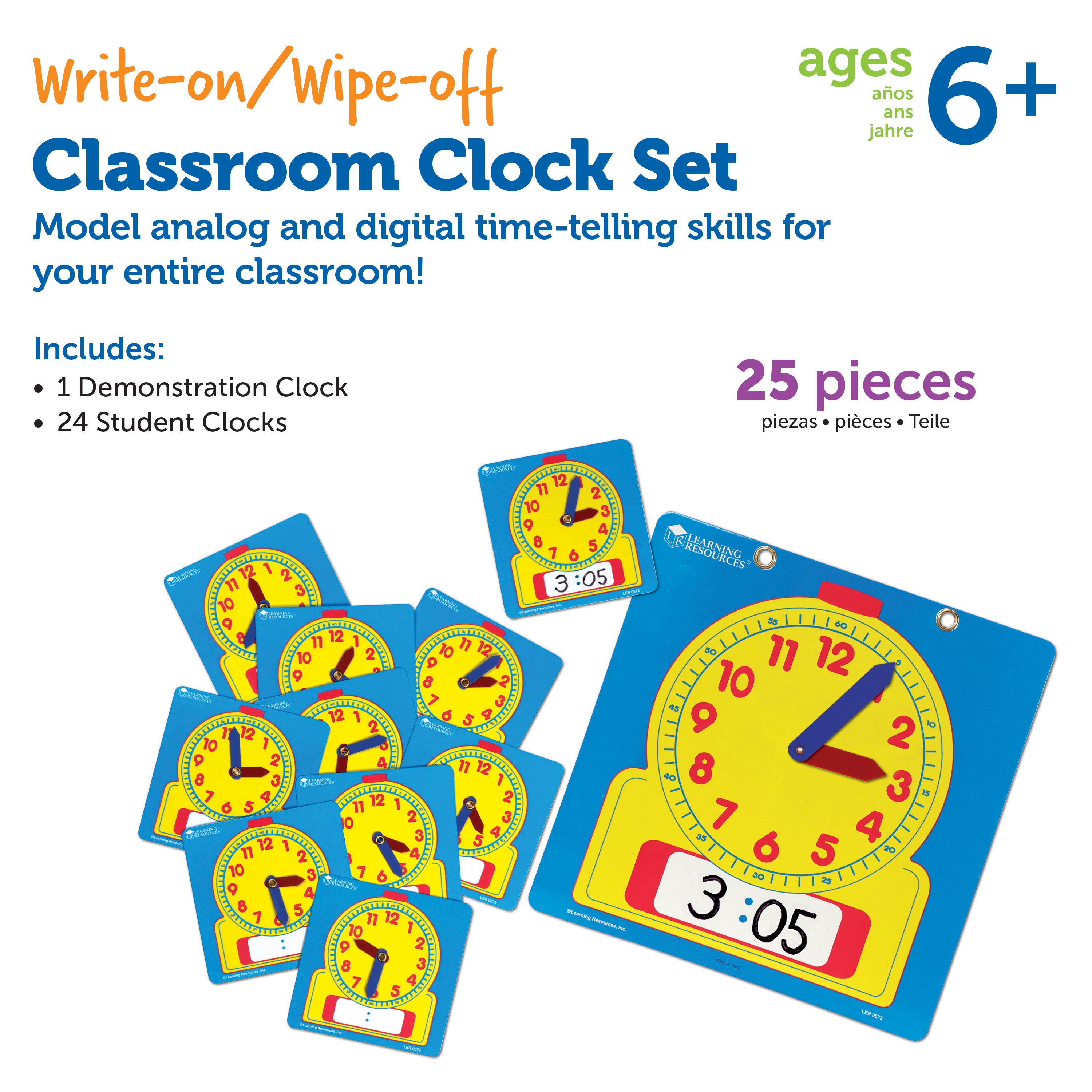 Learning Resources Write and Wipe Clocks Classroom Set, Includes 1 Demonstration Clock and 24 Student Clocks with Movable Hands, Ages 6 Plus
