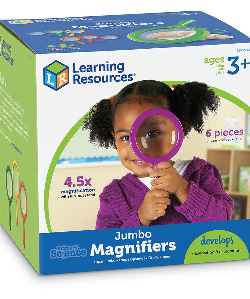 Learning Resources Primary Science Jumbo Magnifiers (Set of 6), 4.5x Magnification, Built-in Stand, Perfect for Little Hands, Ideal for Life Science Lessons, Ages 3+