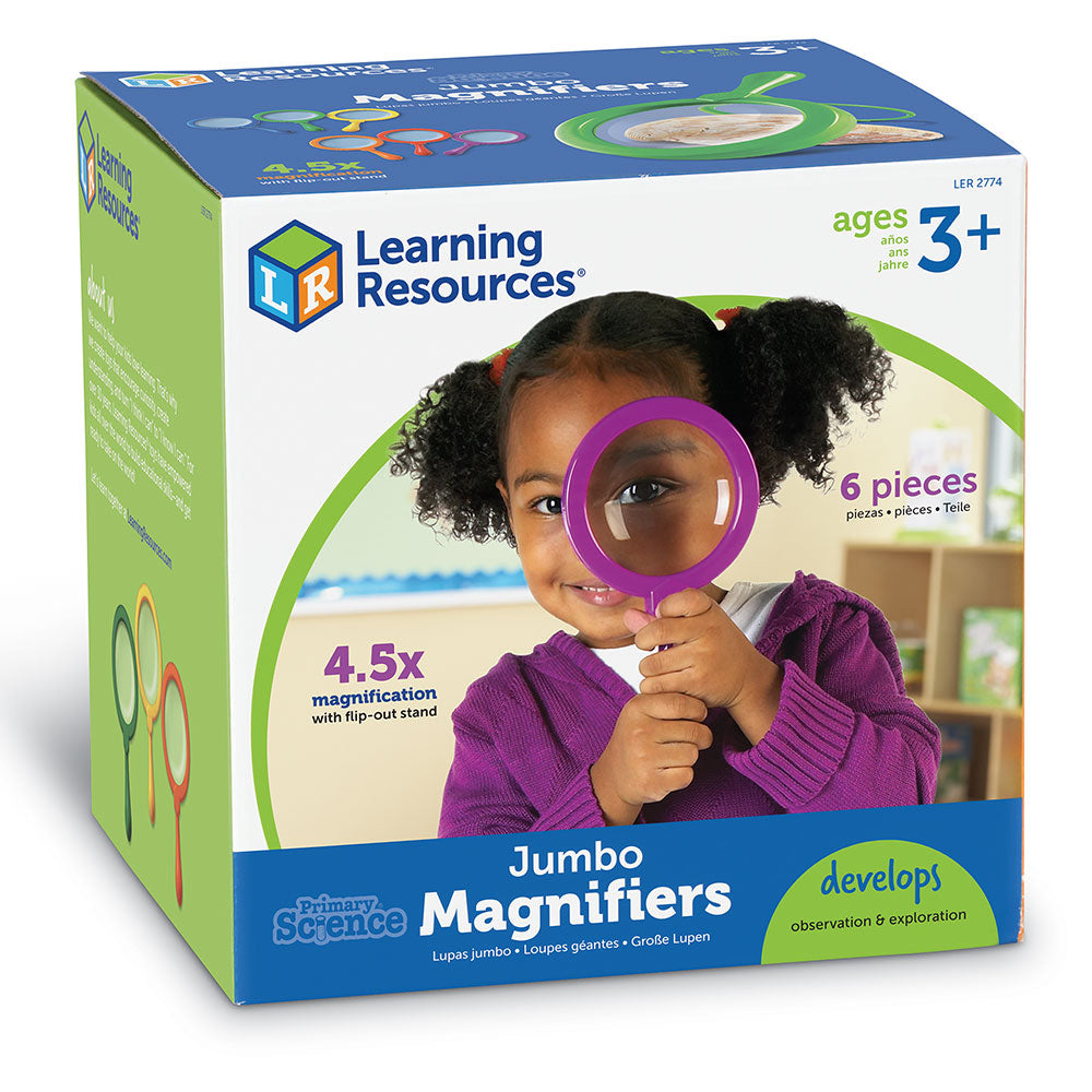 Learning Resources Primary Science Jumbo Magnifiers (Set of 6), 4.5x Magnification, Built-in Stand, Perfect for Little Hands, Ideal for Life Science Lessons, Ages 3+