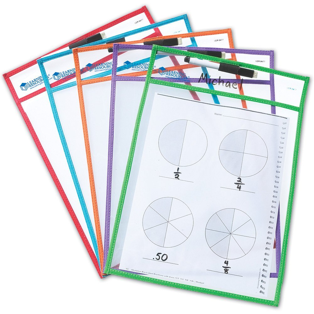 Learning Resources Write & Wipe Pockets (Set of 5), Reusable Clear Dry-Erase Pockets, Includes 5 Dry-Erase Markers with Erasers, Environmentally Friendly, Holds Up to A4 Paper, Multi-Color Set, Ideal for Ages 3+