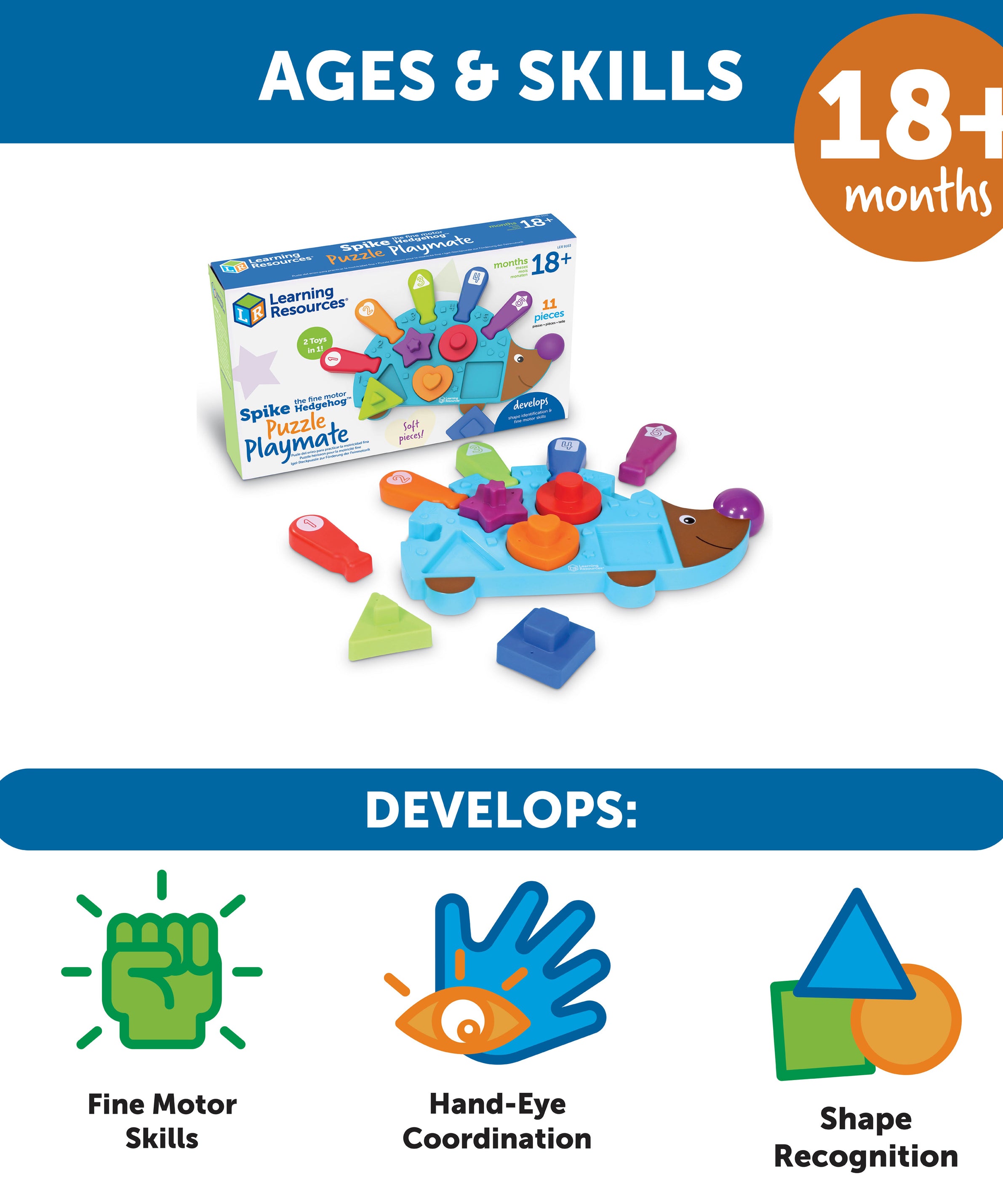 Learning Resources Spike the Fine Motor Hedgehog Puzzle Playmate (LER9103), 2-in-1 Shape Sorter and Puzzle, Fine Motor Skills Development Toy for Toddlers, Ages 18 Months+