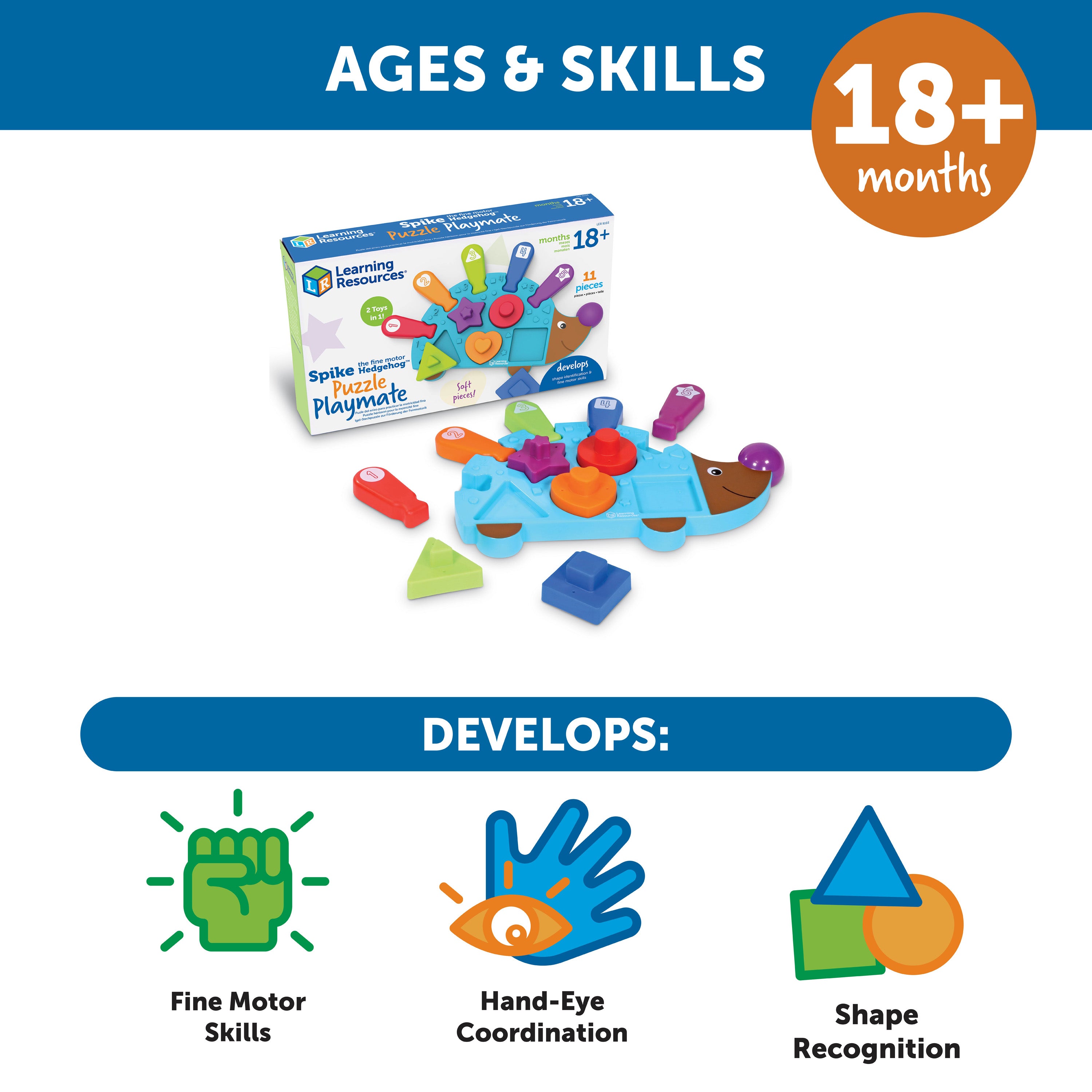 Learning Resources Spike the Fine Motor Hedgehog Puzzle Playmate (LER9103), 2-in-1 Shape Sorter and Puzzle, Fine Motor Skills Development Toy for Toddlers, Ages 18 Months+