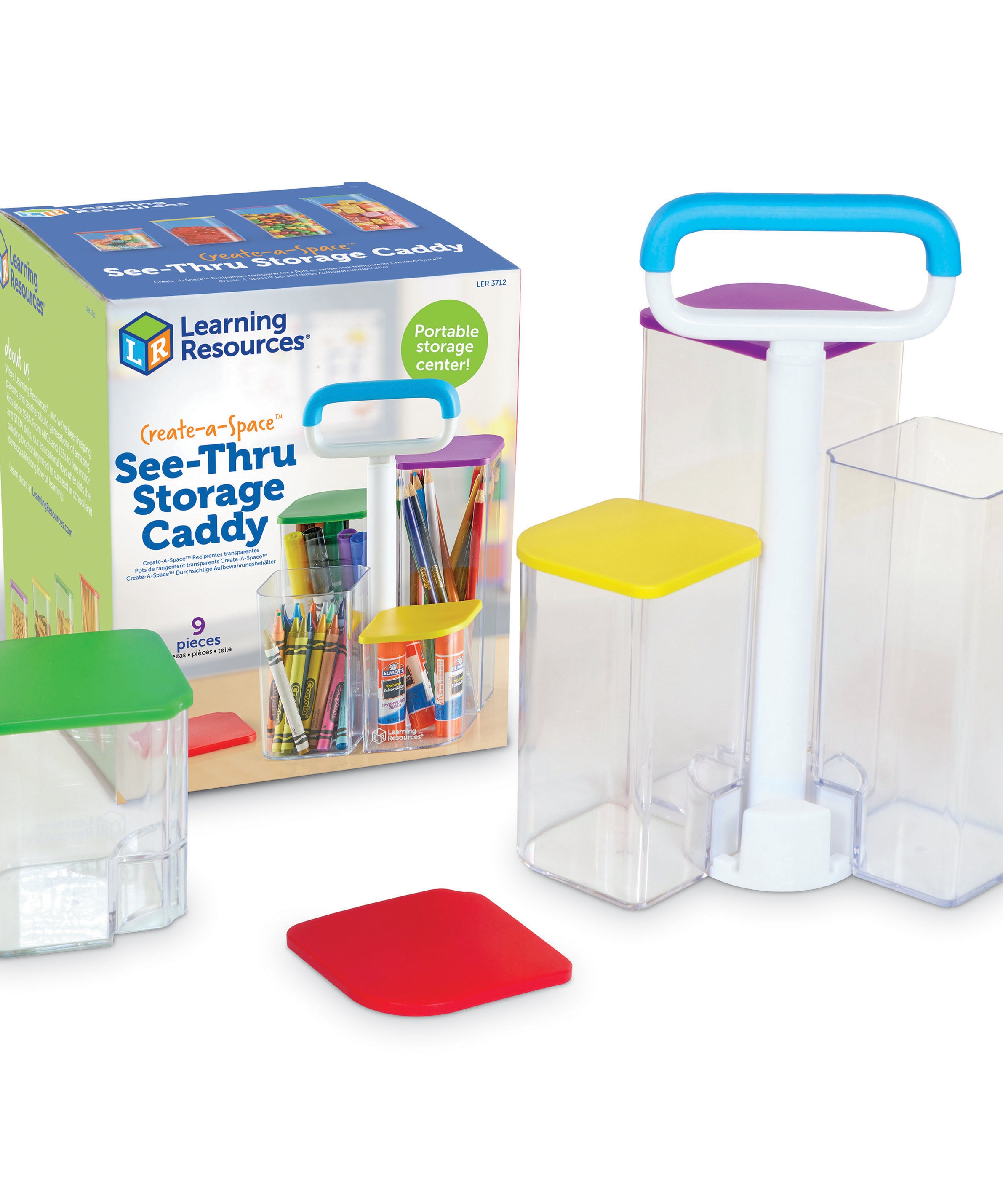 Learning Resources Create-a-Space See-Thru Storage Caddy, Portable Organiser with 4 Clear Bins and Colourful Lids, Ideal for Art Supplies, Classroom, or Kitchen Storage