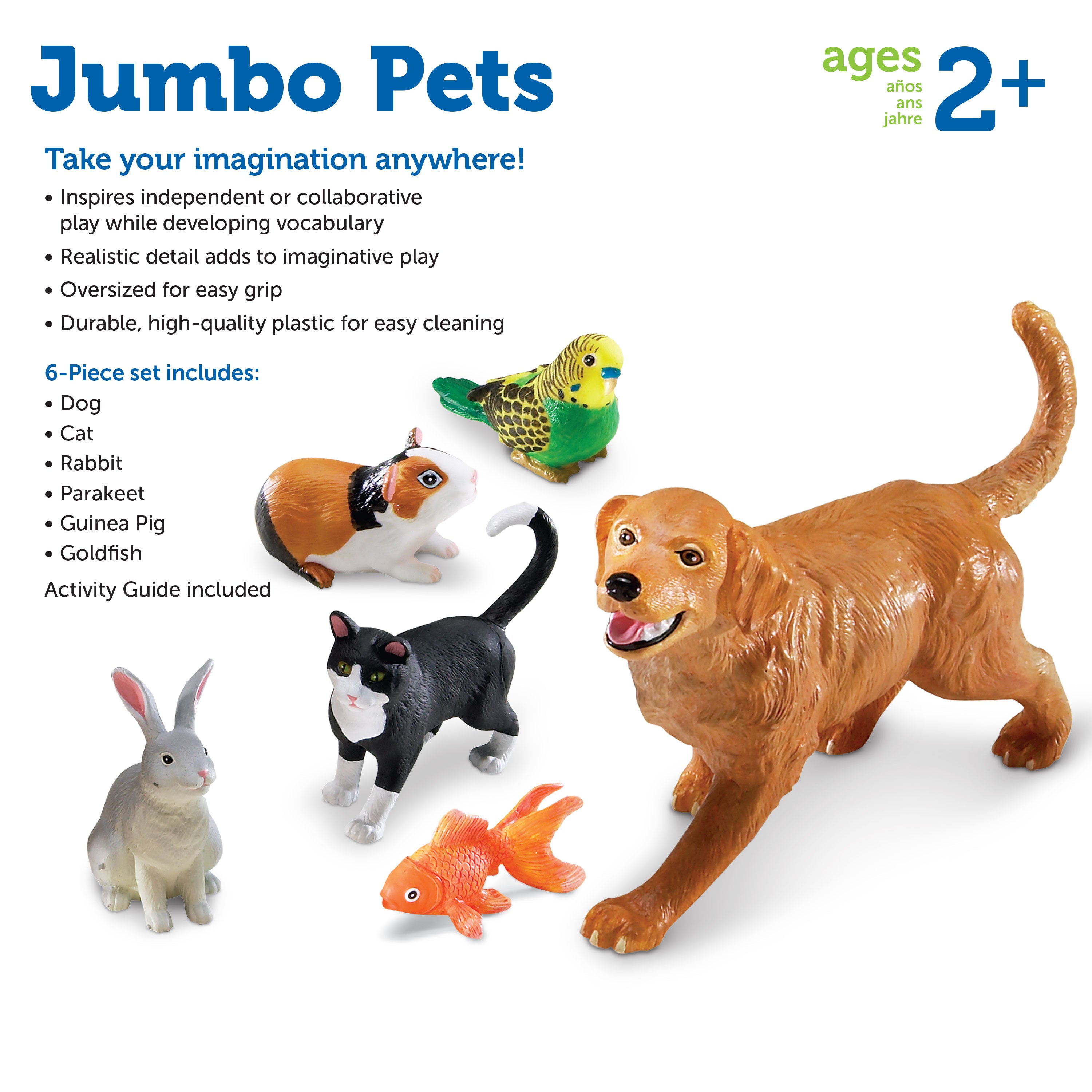 Learning Resources Jumbo Pets Toy Set, 6-Piece Realistic Pet Animal Figures for Kids Imaginative Play and Early Learning
