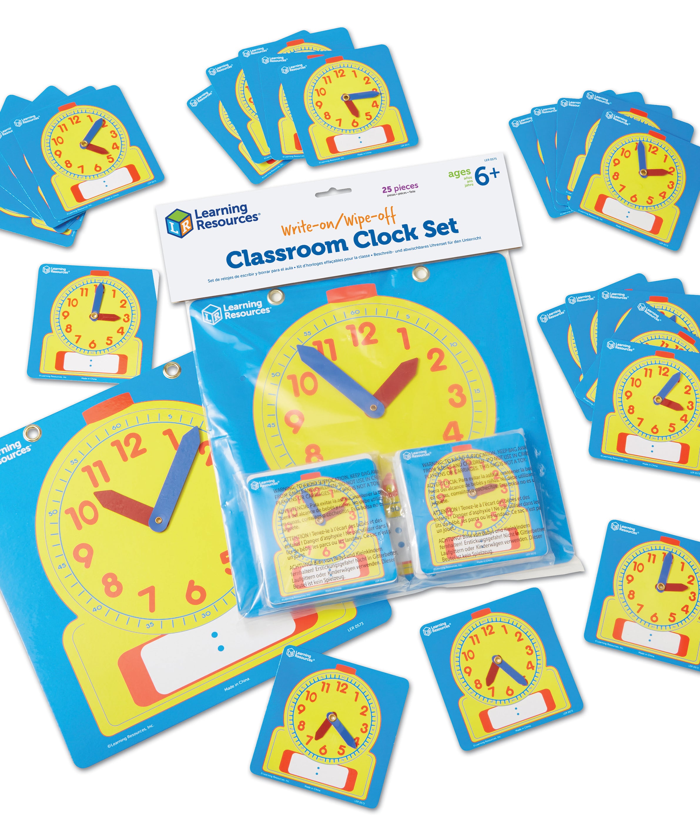Learning Resources Write and Wipe Clocks Classroom Set, Includes 1 Demonstration Clock and 24 Student Clocks with Movable Hands, Ages 6 Plus