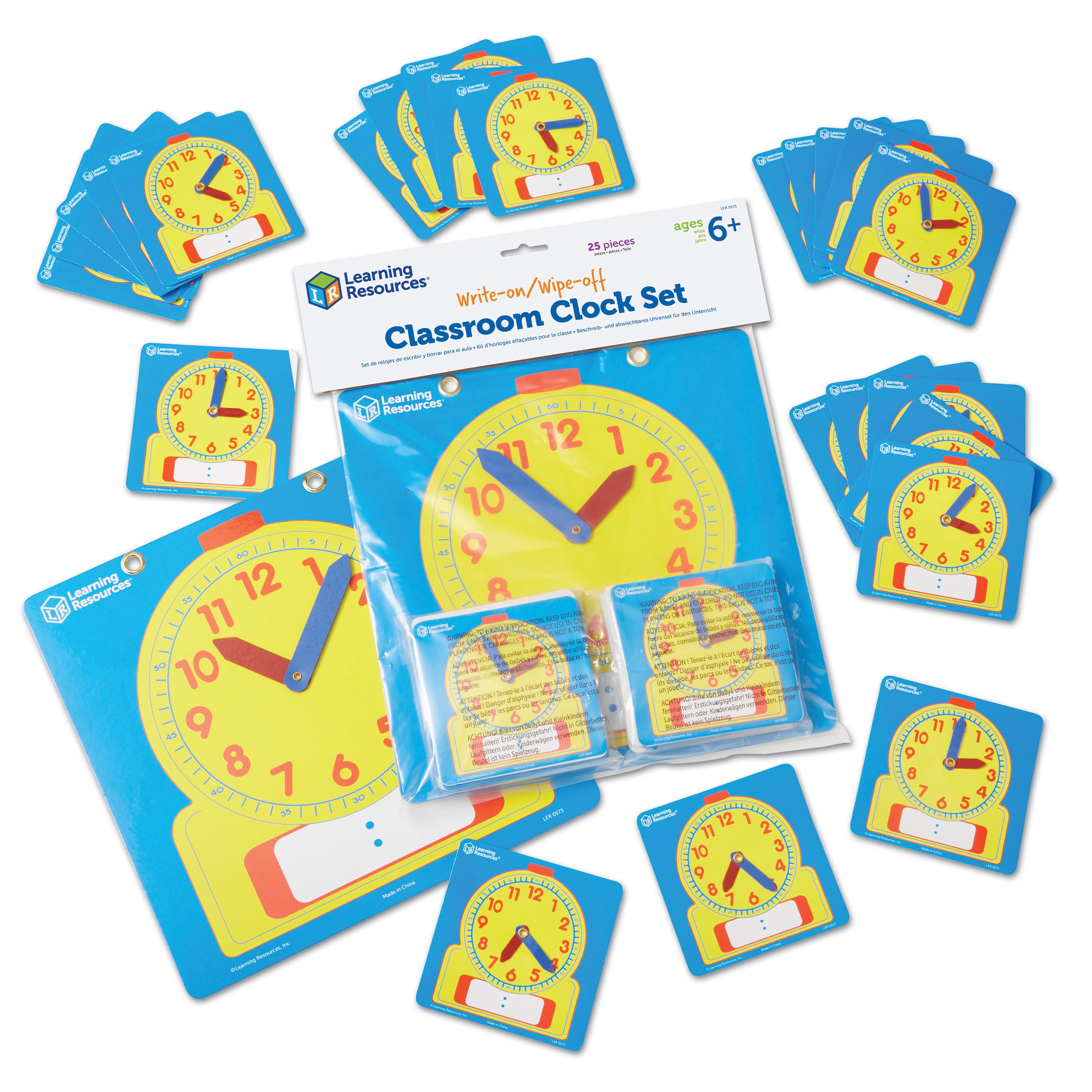 Learning Resources Write and Wipe Clocks Classroom Set, Includes 1 Demonstration Clock and 24 Student Clocks with Movable Hands, Ages 6 Plus