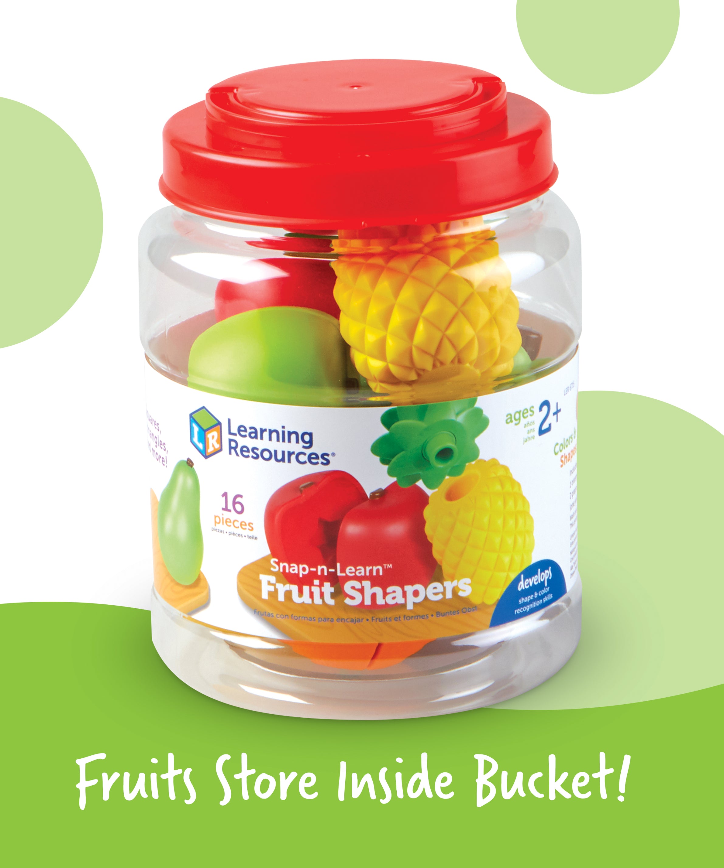 Learning Resources Snap-n-Learn Fruit Shapers, Colourful Pop-Apart Shape Matching Toy, Develops Fine Motor & Early Learning Skills, Includes 8 Two-Piece Fruits & Storage Bucket, Ages 2+