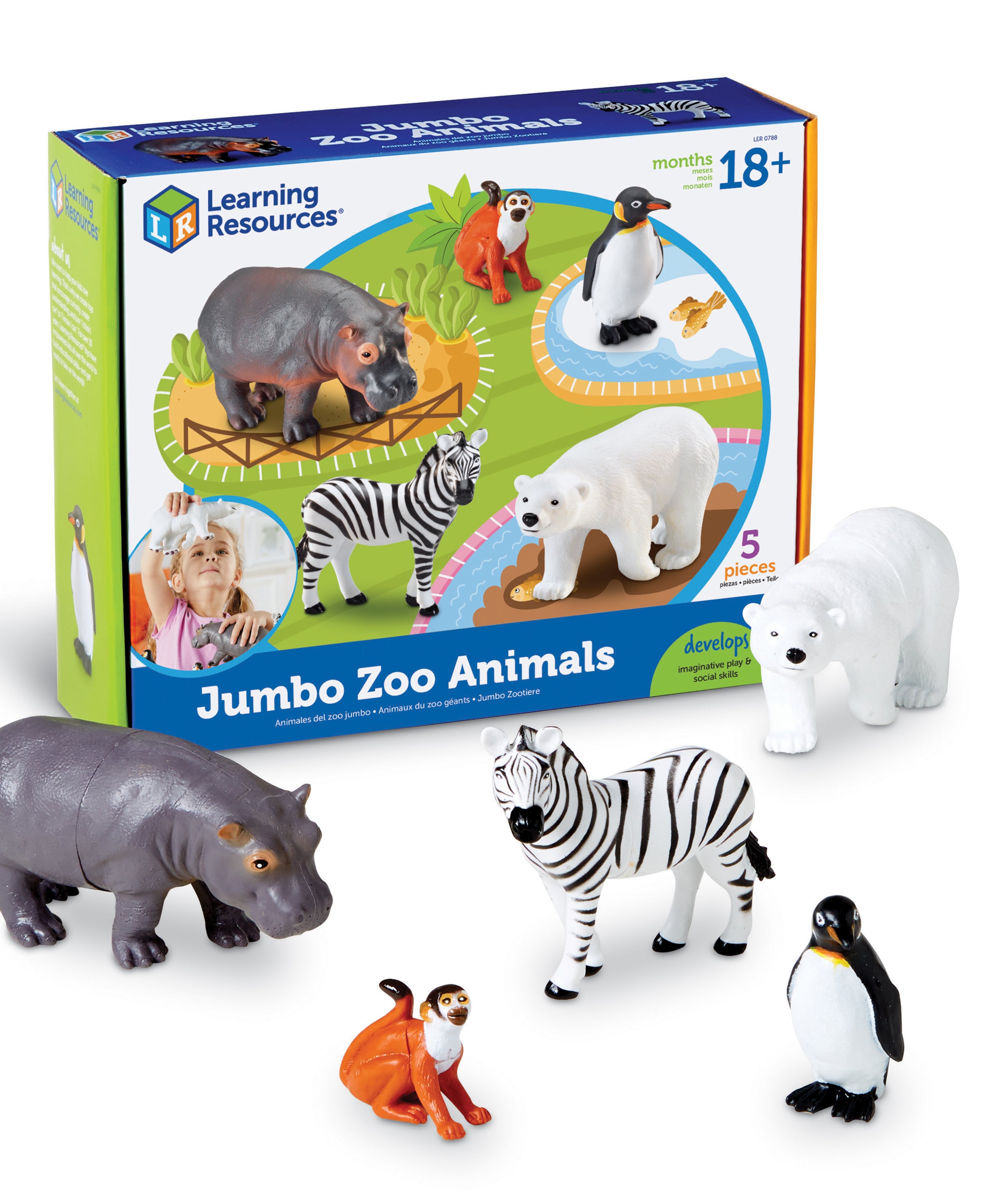 Learning Resources Jumbo Zoo Animals, Set of 5 Large Plastic Animals, Durable Pretend Play Figures, Ideal for Toddlers and Preschoolers, Includes Storage Box, Ages 3+