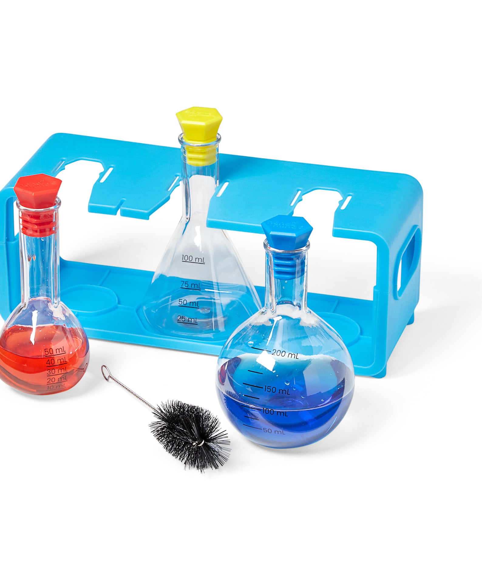 Learning Resources Starter Science Measuring Flask Set, Child-Safe Lab Equipment with 3 Flasks, Stoppers, Stand and Cleaning Brush, Ages 3 Plus